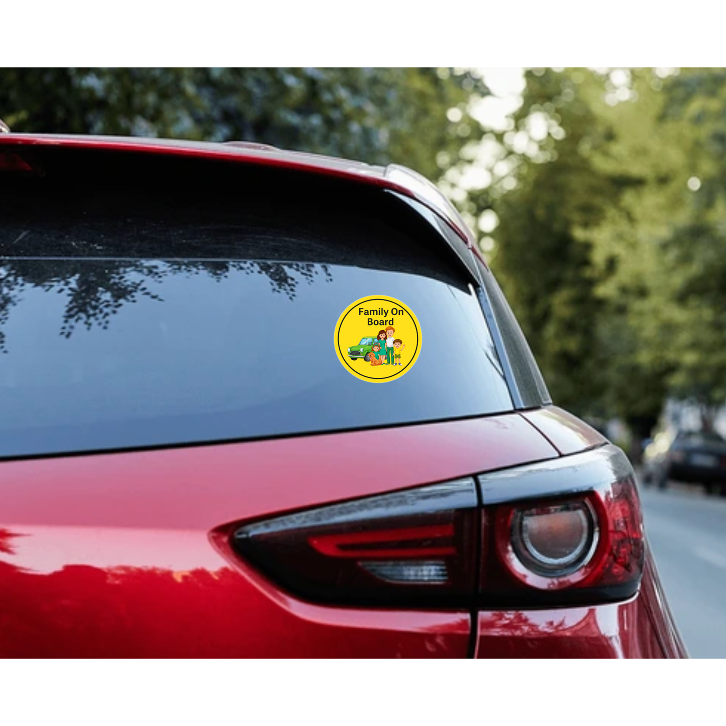 Smeeps Family On Board Sticker – 15.24 cm Round | Cartoon Family & Dog with Green Car | Bright Yellow Safety Sign for Vehicles