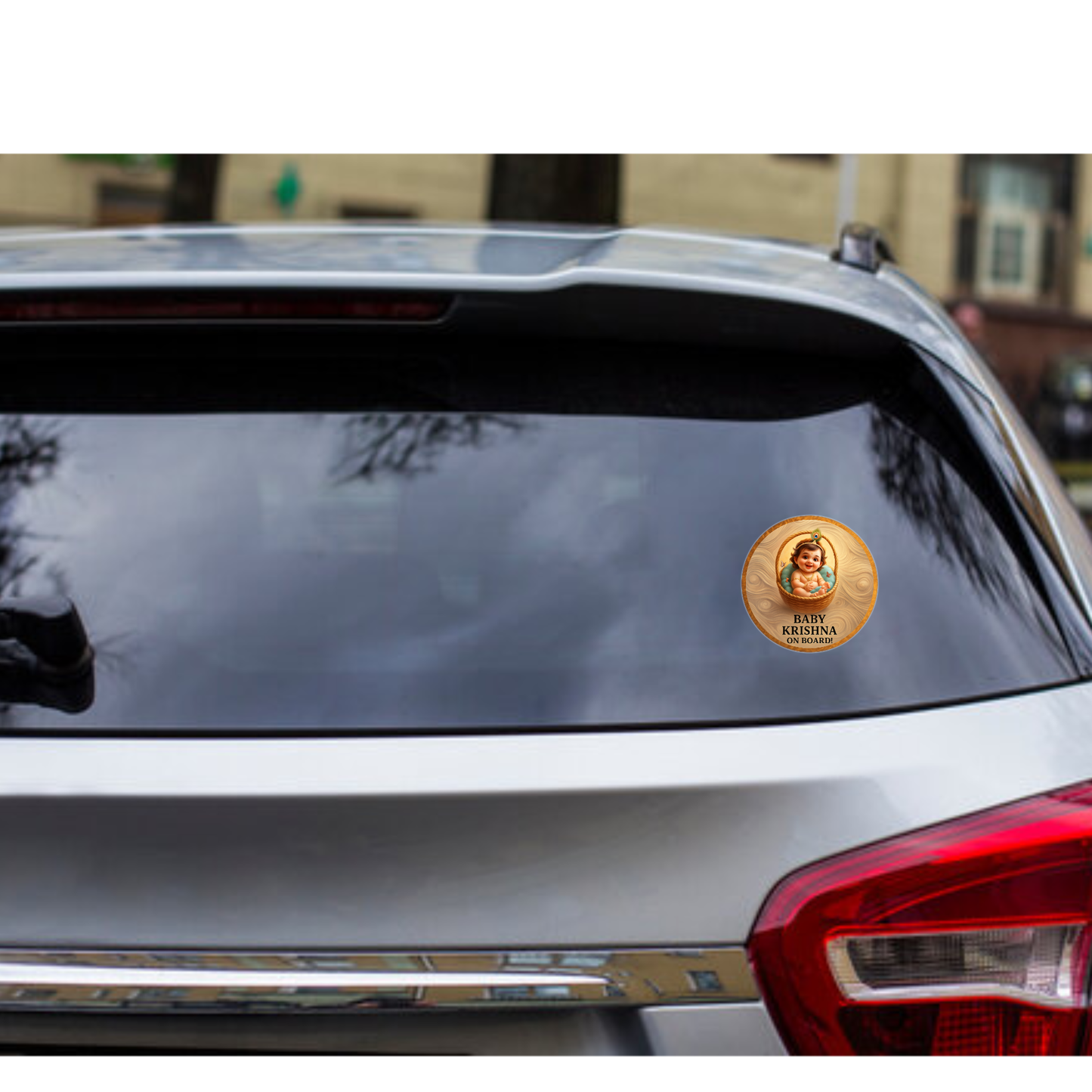 Pack of 2 | Smeeps Baby Krishna On Board Sticker – 15.24 cm Round | Basket-Themed Divine Krishna Design | Waterproof & UV-Proof Car Safety Sign