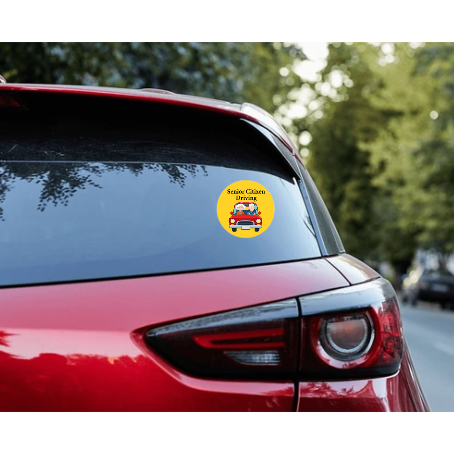 Smeeps Senior Citizen Driving Sticker – 15.24 cm Round | Friendly Elderly Couple Design | Yellow & Red High-Visibility Car Sign