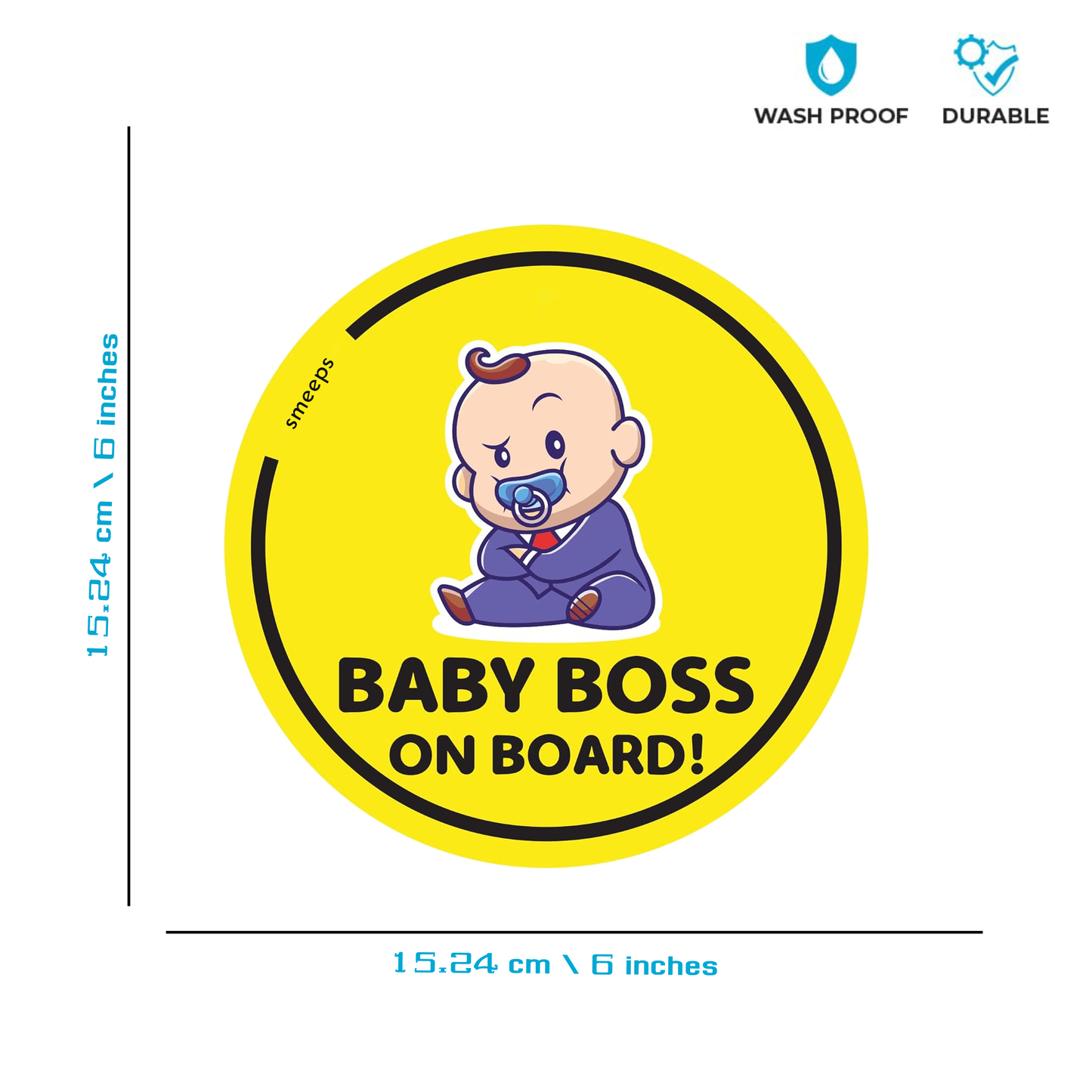Pack of 2 | Smeeps Baby Boss on Board Car Sticker, 15.24 cm Round, Bold Yellow Safety Decal for Rear Windows – Waterproof & Weatherproof