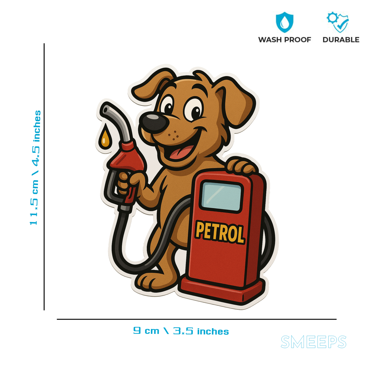 Petrol Sticker with Dog & Pump – 9 x 11.5 cm | Fun Design for Cars | Durable & Waterproof