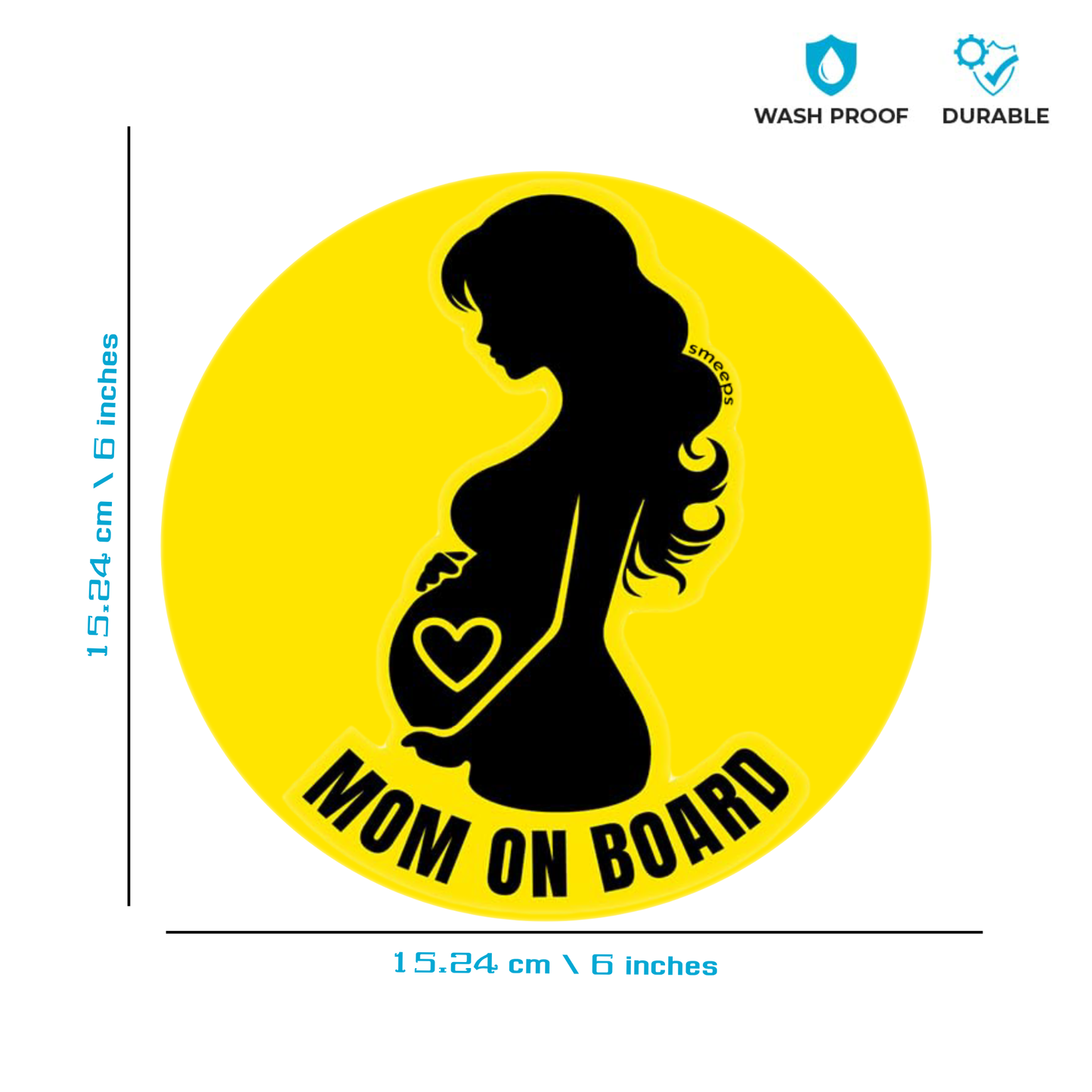 Smeeps Mom on Board Sticker – 15.24 cm Round | Bold Silhouette Design with Heart | Yellow & Black Waterproof Car Safety Sign