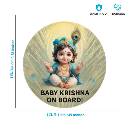 Pack of 2 | Smeeps Baby Krishna On Board Sticker – 15.24 cm Round | Devotional Car Safety Sign with Cute Krishna Design | Waterproof & UV-Resistant
