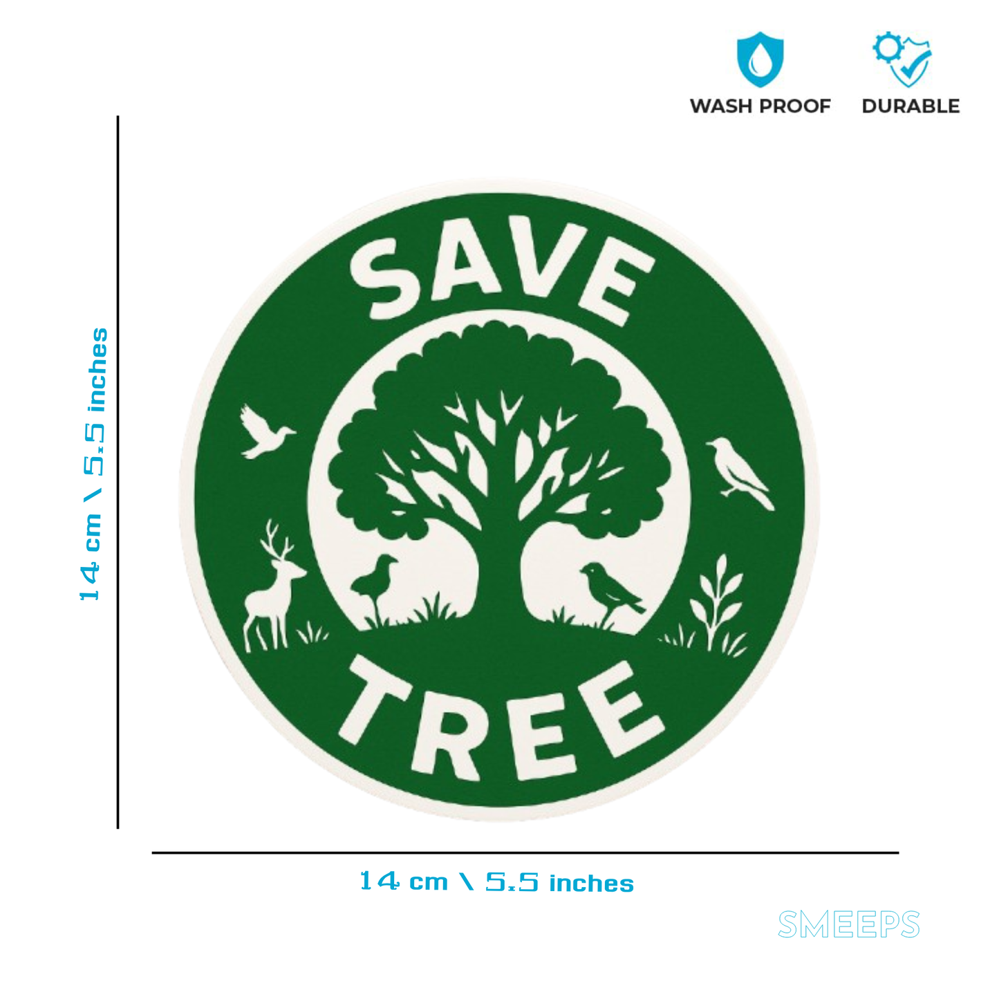 Smeeps Save Tree Round Sticker | 14 x 14 cm | Eco Awareness Vinyl Decal for Car