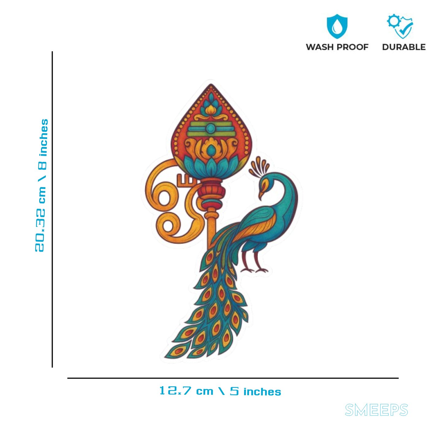 Smeeps Majestic Peacock with Vel – Murugan Om Design | 20.32 x 12.7 cm | Divine Car Sticker