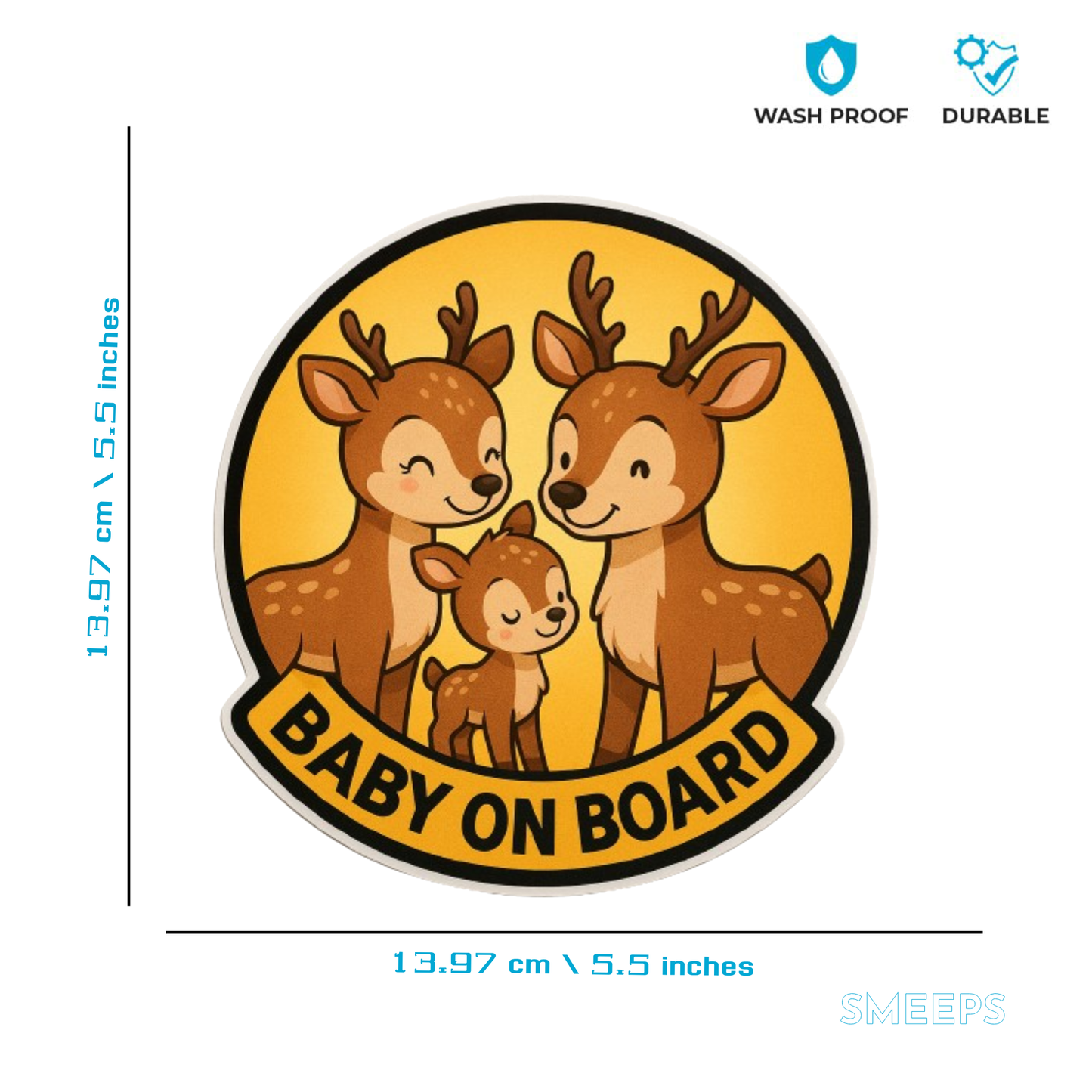 Smeeps “Baby On Board” Cute Deer Family Sticker – 13.97 x 13.97 cm | Round Wildlife Theme Safety Sign for Cars