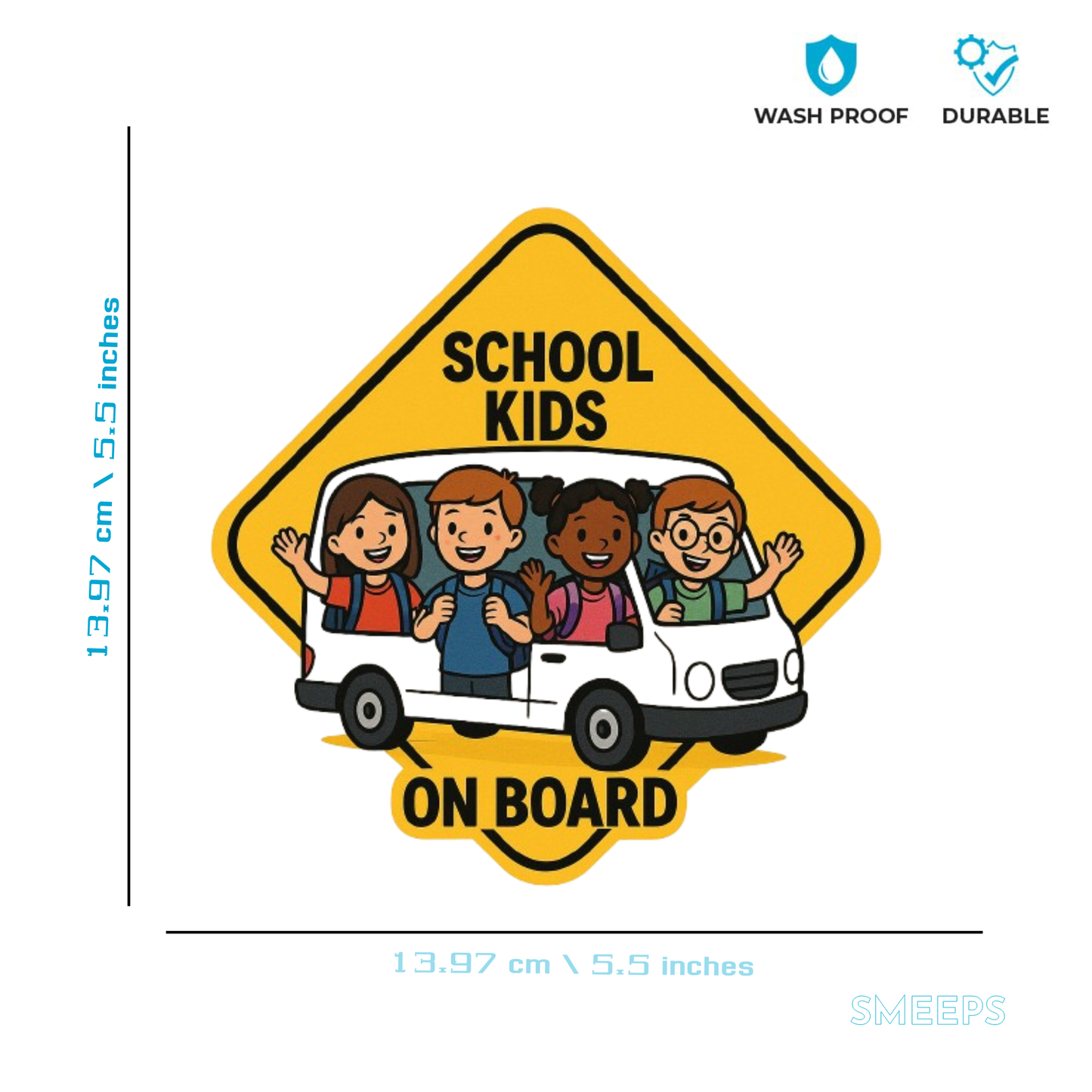 Smeeps School Kids On Board Sticker – 13.97 x 13.97 cm | High-Visibility Bus Safety Vinyl Decal (Yellow Diamond Cartoon Design)