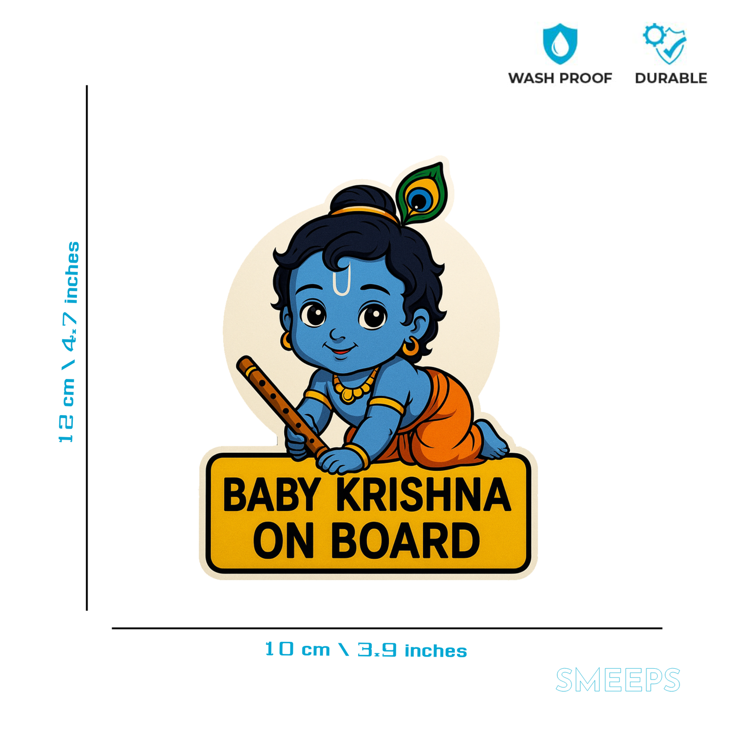 Smeeps Baby Krishna On Board Sticker – 10 x 12 cm | Cute Cartoon Design with Flute & Peacock Feather | Waterproof Vinyl Safety Sign for Cars