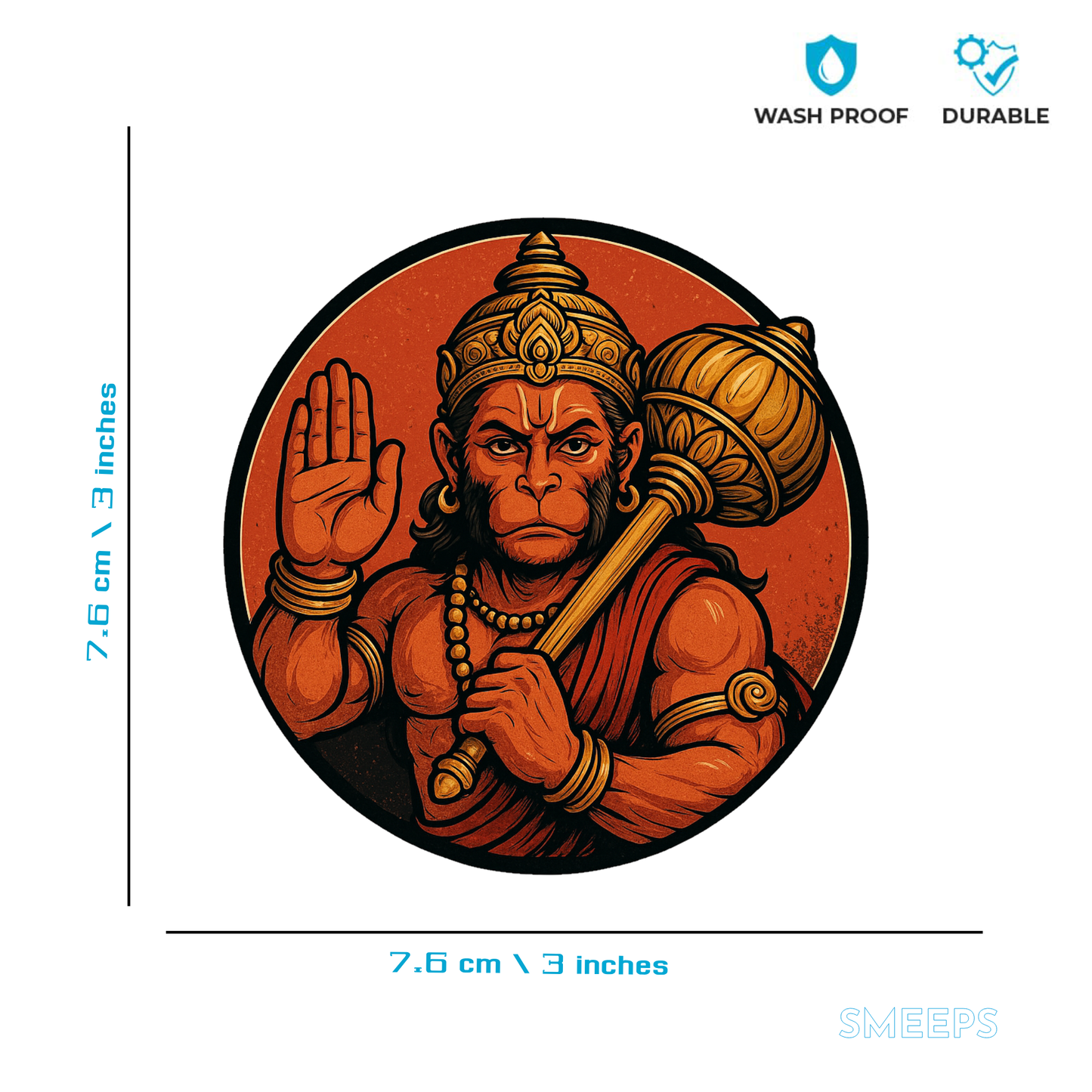 Smeeps Lord Hanuman Bike Sticker – Bold Round Devotional Design – 7.6 x 7.6 cm | Waterproof Vinyl Decal for Bikes