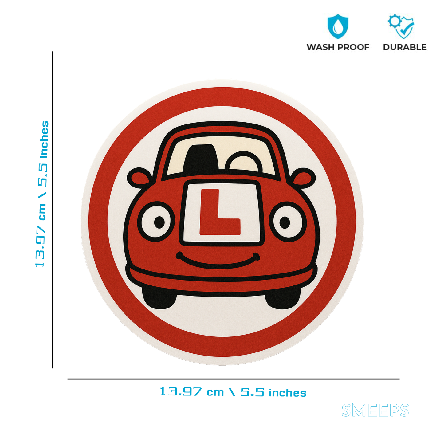 Smeeps Learner Driver Sticker – Smiling Red Car with L Plate – 13.97 x 13.97 cm | Fun & Safe Design for New Drivers