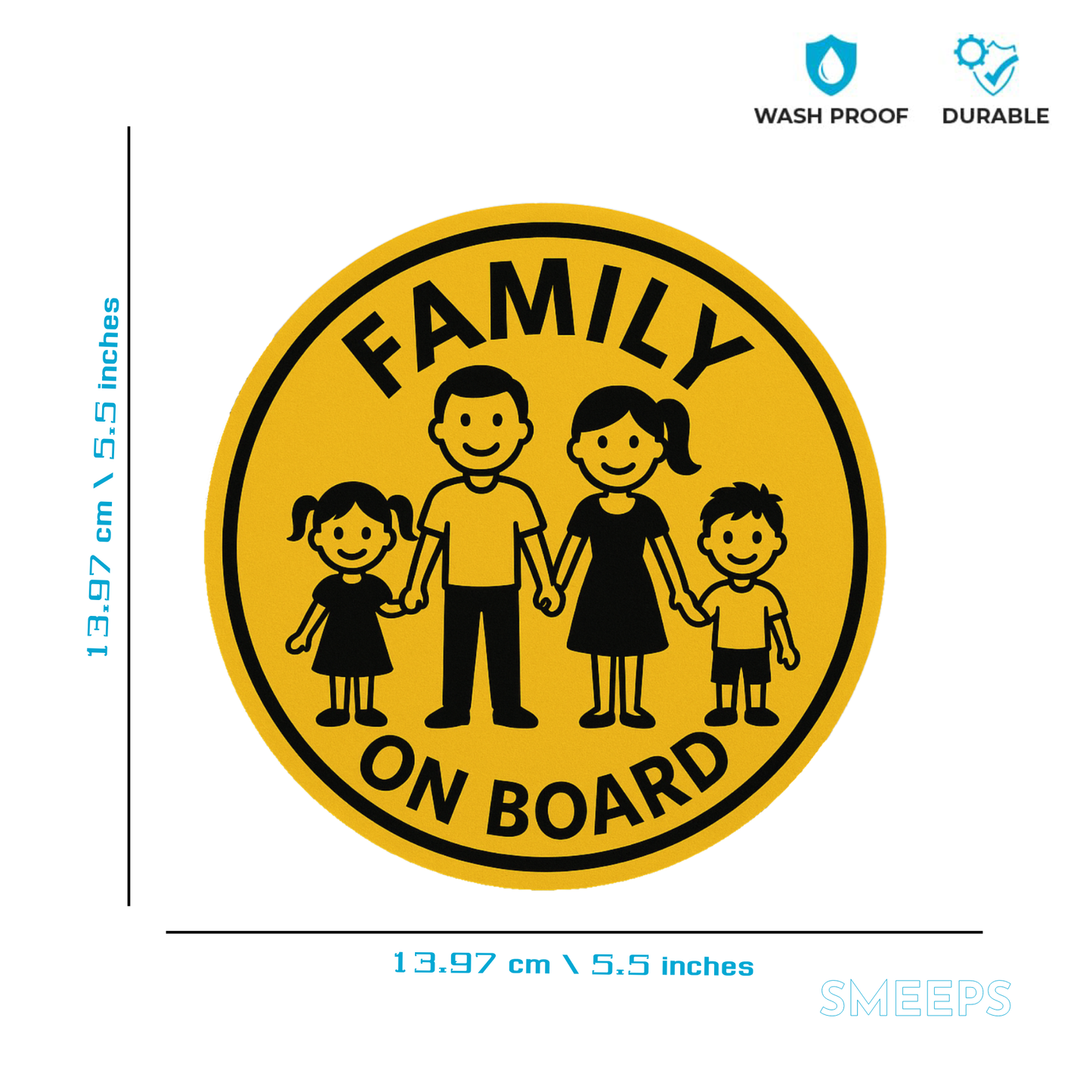 Smeeps Family On Board Car Sticker – Round Design – 13.97 x 13.97 cm | Premium Vinyl Decal for Cars