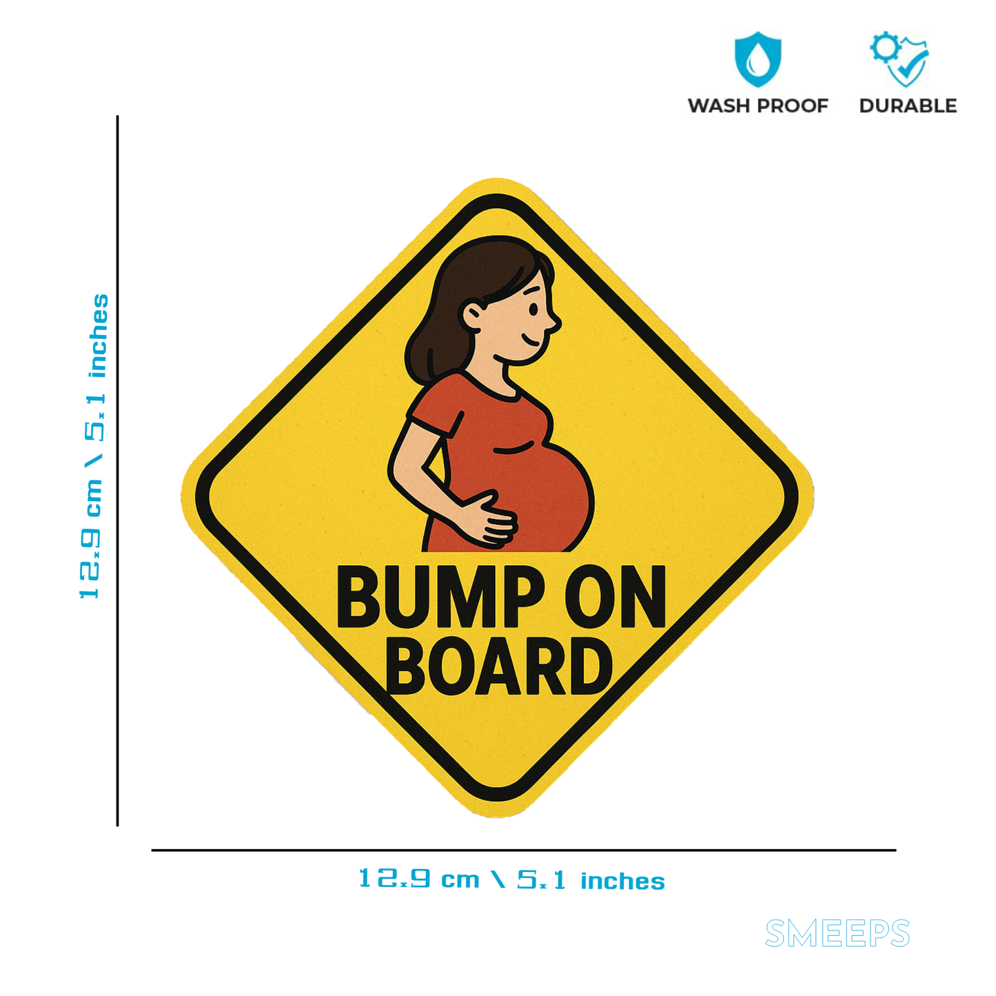 Smeeps Bump On Board Car Sticker – Pregnant Woman Warning Sign – 12.9 x 12.9 cm | High-Visibility Vinyl Decal for Cars