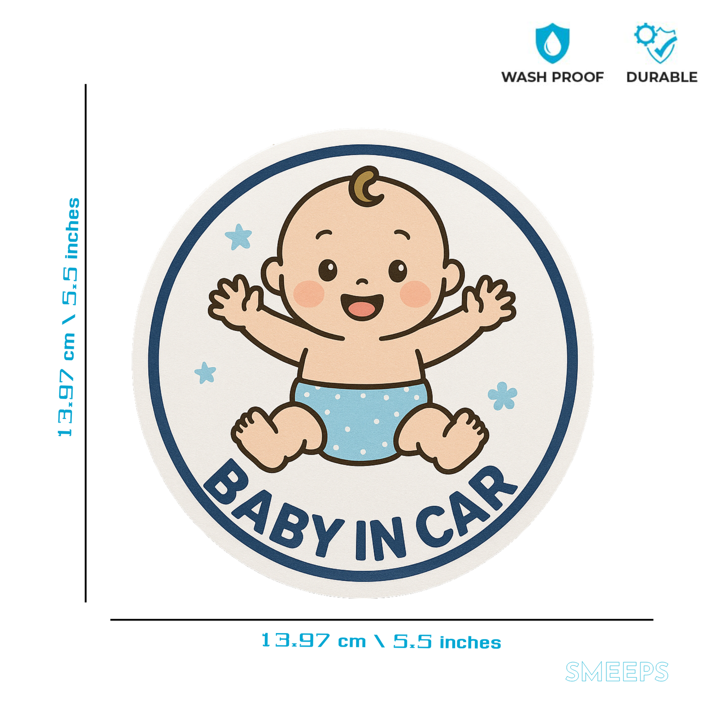 Smeeps Baby in Car Sticker – Cute Cartoon Baby Design – 13.97 x 13.97 cm | Safety Alert Sign for Vehicles