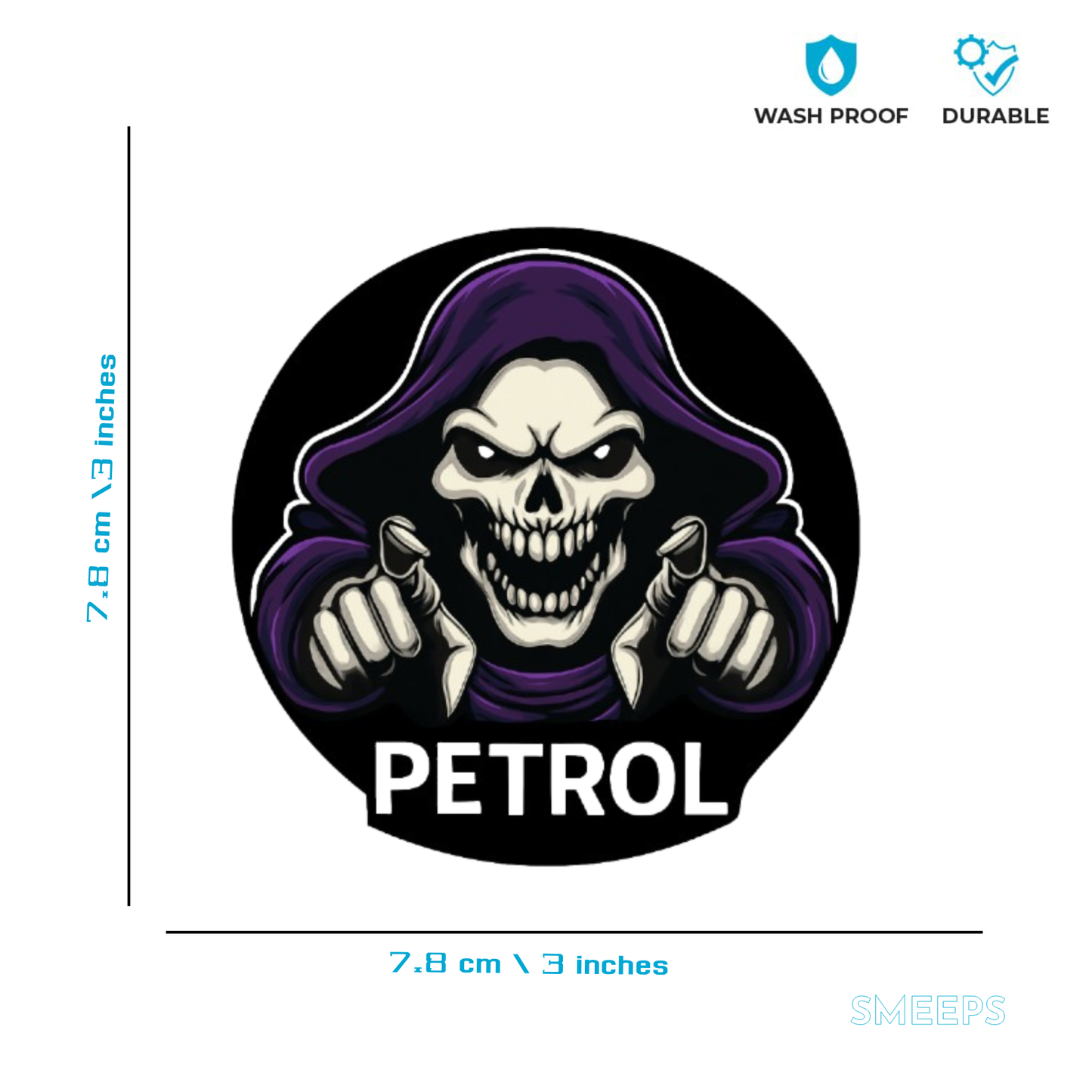 Smeeps Petrol Skull Sticker – 7.8 x 7.8 cm Round Car Decal with Grim Reaper Design | Bold Black & Purple Look | For Automotive Use Only