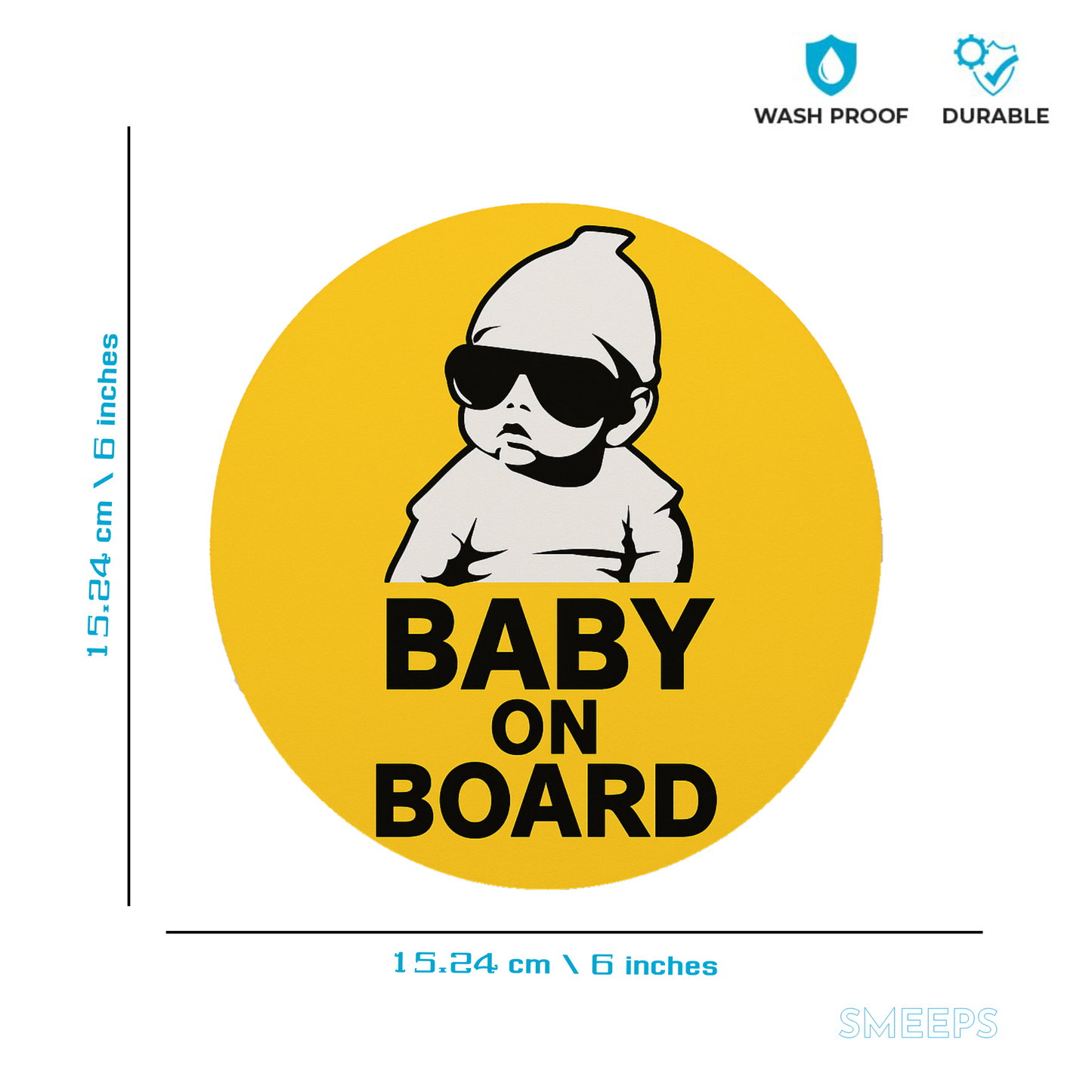 Smeeps Baby On Board Sticker – 15.24 x 15.24 cm Round | Cool Baby Design with Sunglasses | Yellow & Black Waterproof Car Safety Sign