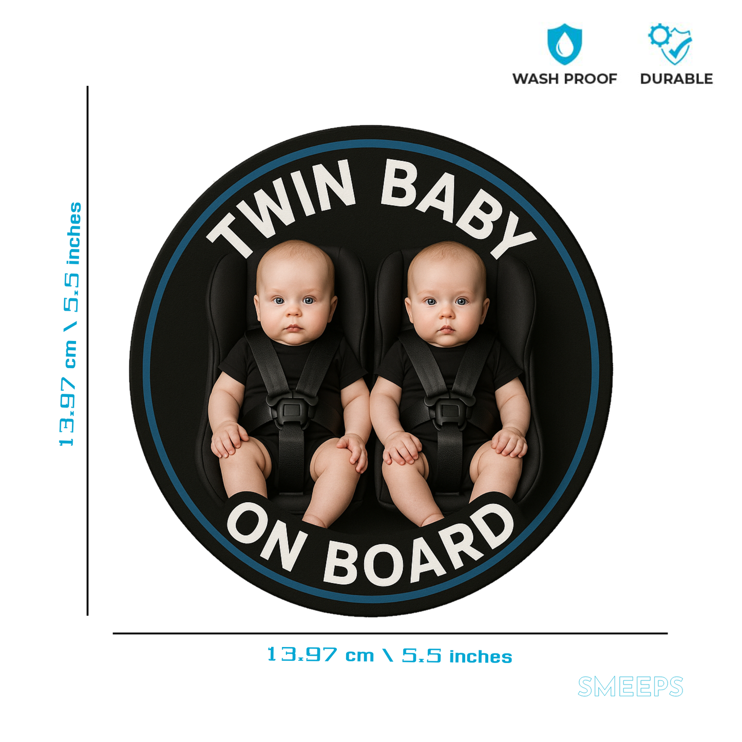 Smeeps Twin Baby on Board Sticker – 13.97 x 13.97 cm | Realistic Twin Boys in Black Car Seats | Safety Car Sign