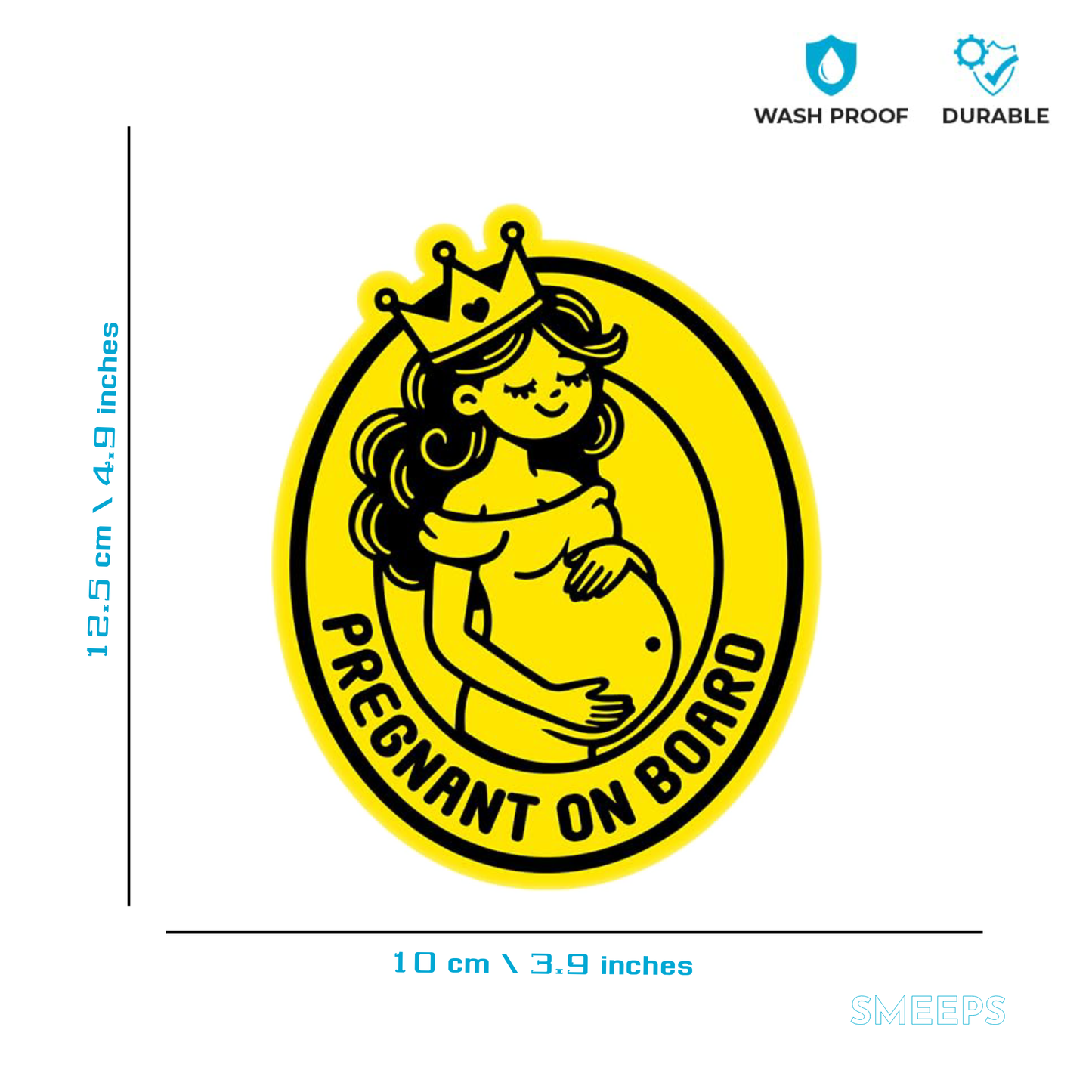 Smeeps Pregnant On Board Sticker – 10 x 12.5 cm Oval Crown Design | Cute Cartoon Mom-to-Be Alert for Cars | Bright Yellow, Waterproof, Durable