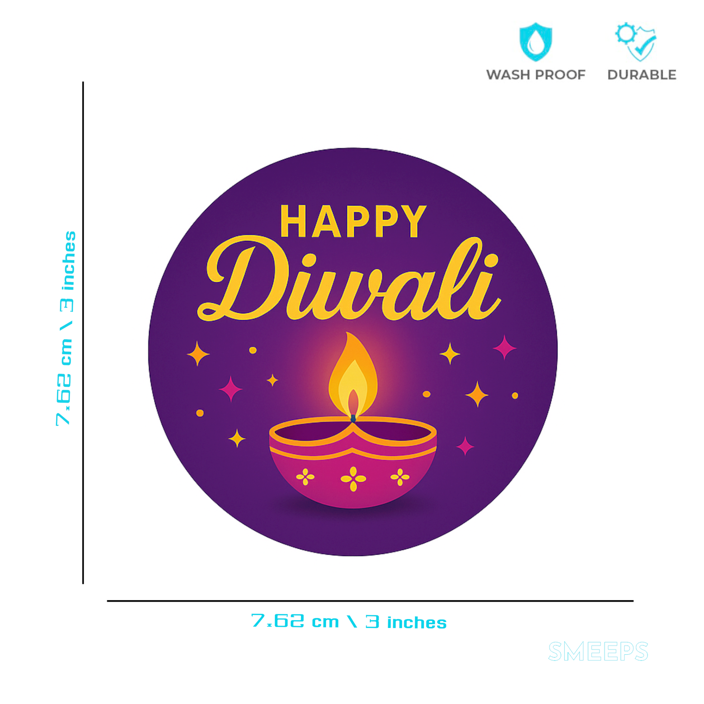 Smeeps Happy Diwali Sticker – 7.62 cm Round Festival Diya Design | Gift Packaging Label | Waterproof & Durable Vinyl