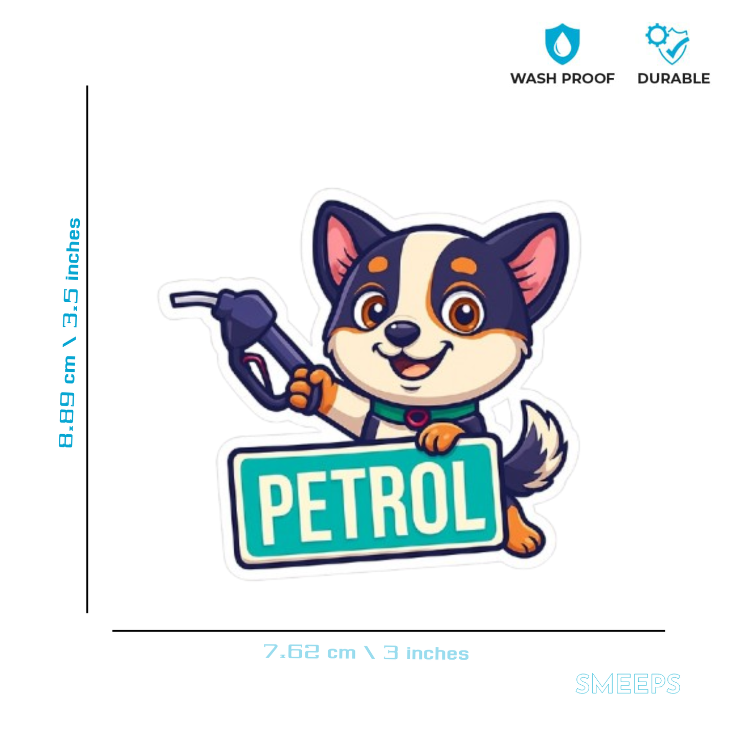 Smeeps Petrol Fuel Cap Sticker – 8.89 x 7.62 cm | Cute Dog with Green Petrol Label | For Car Fuel Lid Area