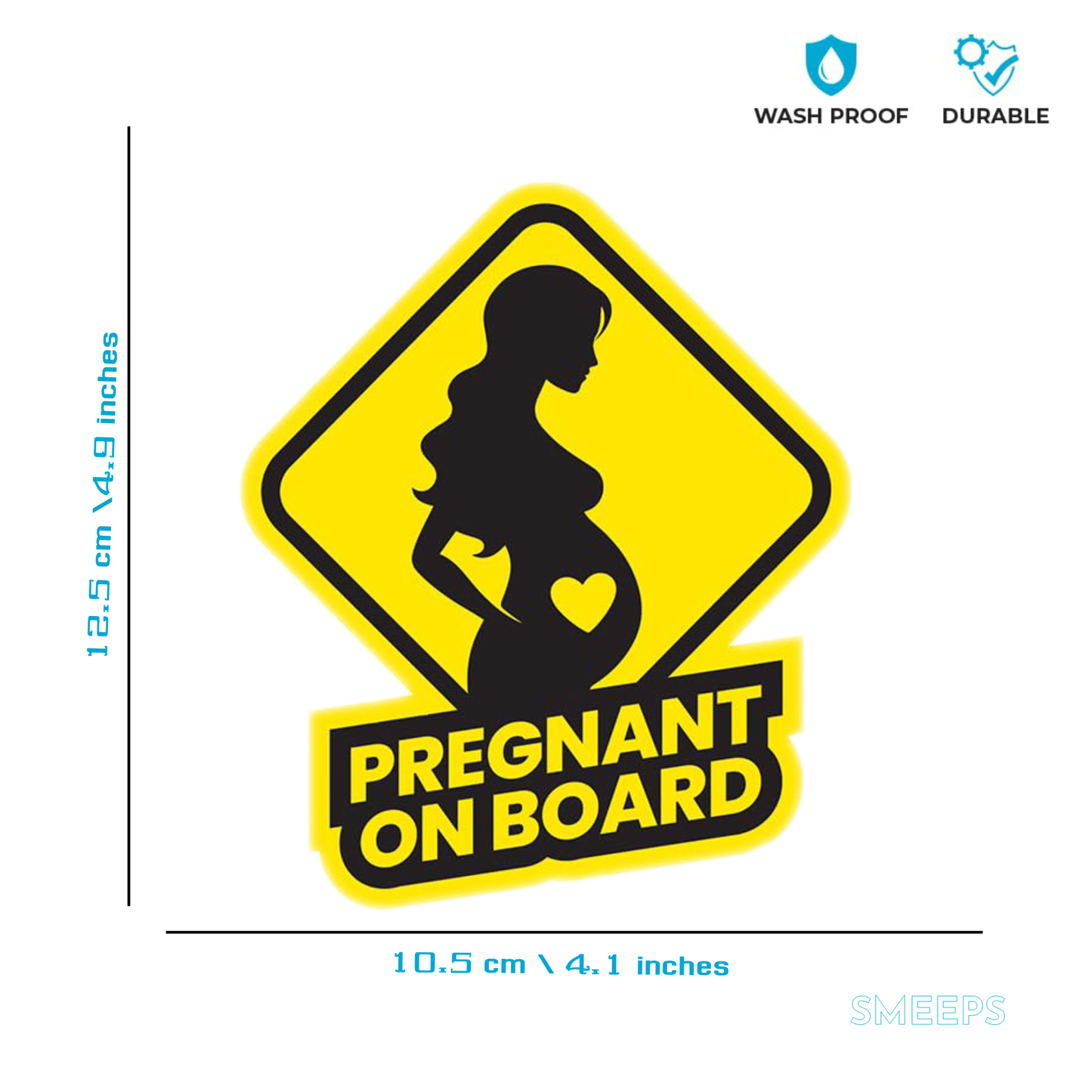 Smeeps “Pregnant On Board” Sticker – 10.5 x 12.5 cm Stylish Maternity Car Sign | Vinyl Yellow & Black Decal | Waterproof & Sun-Resistant