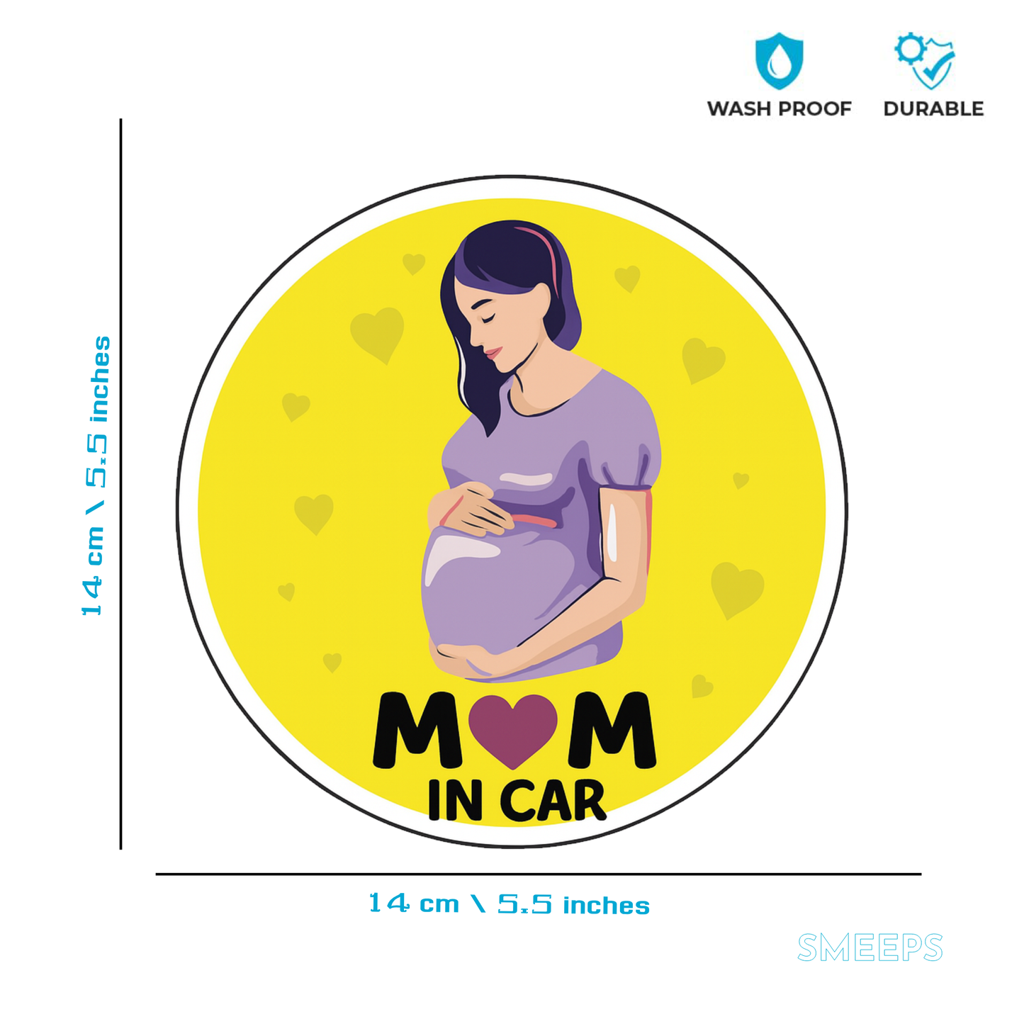 Smeeps Mom in Car Sticker – 14 x 14 cm Round Yellow Design with Gentle Pregnant Woman Illustration | Waterproof & Fade Resistant Safety Decal for Cars