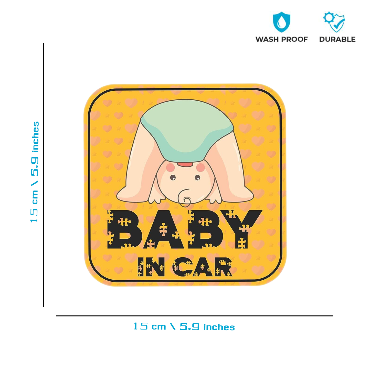 Smeeps Baby in Car Sticker – 15 x 15 cm | Cute Upside-Down Baby Design | Square Yellow Safety Sign for Vehicle Windows & Bumpers