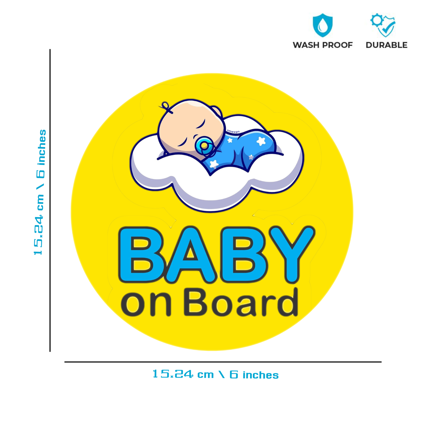 Smeeps Baby on Board Sticker – 15.24 cm Round | Sleeping Baby on Cloud Design | Yellow & Blue Waterproof Car Safety Sign