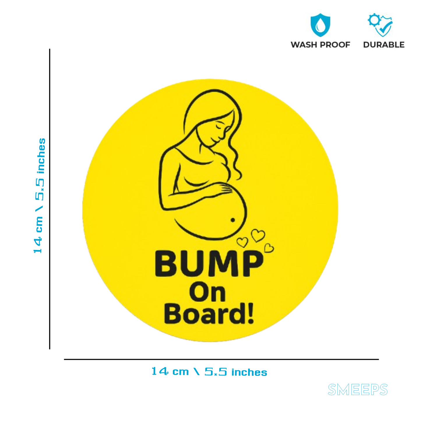 Smeeps Bump on Board Sticker – 14 x 14 cm Round Yellow Maternity Safety Decal | Waterproof & UV Resistant for Car Use