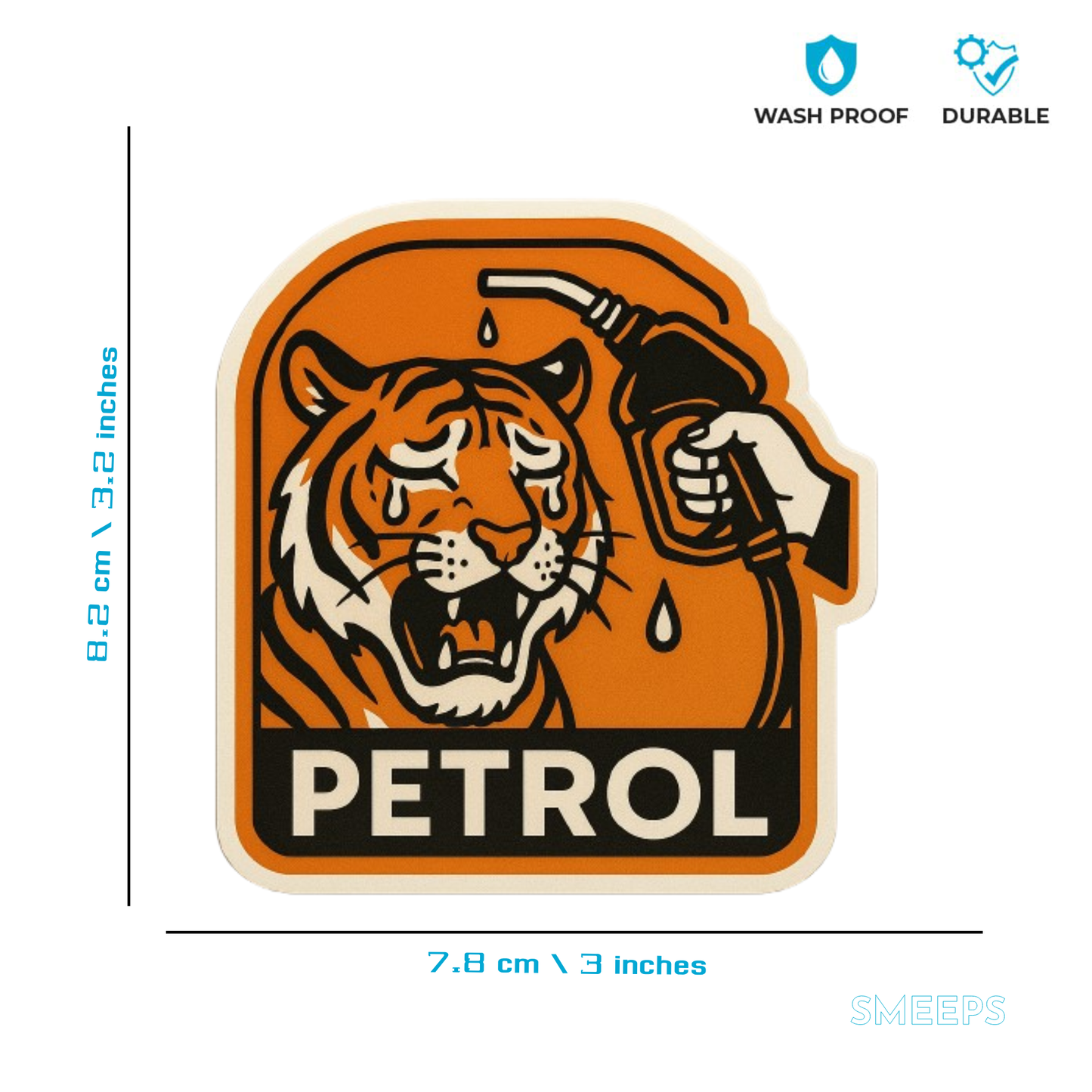 Smeeps Crying Petrol Tiger Sticker – 8.2 x 7.8 cm Funny Fuel-Themed Car Decal with Cartoon Tiger & Nozzle | Waterproof Vinyl Sticker for Petrol Vehicles Only
