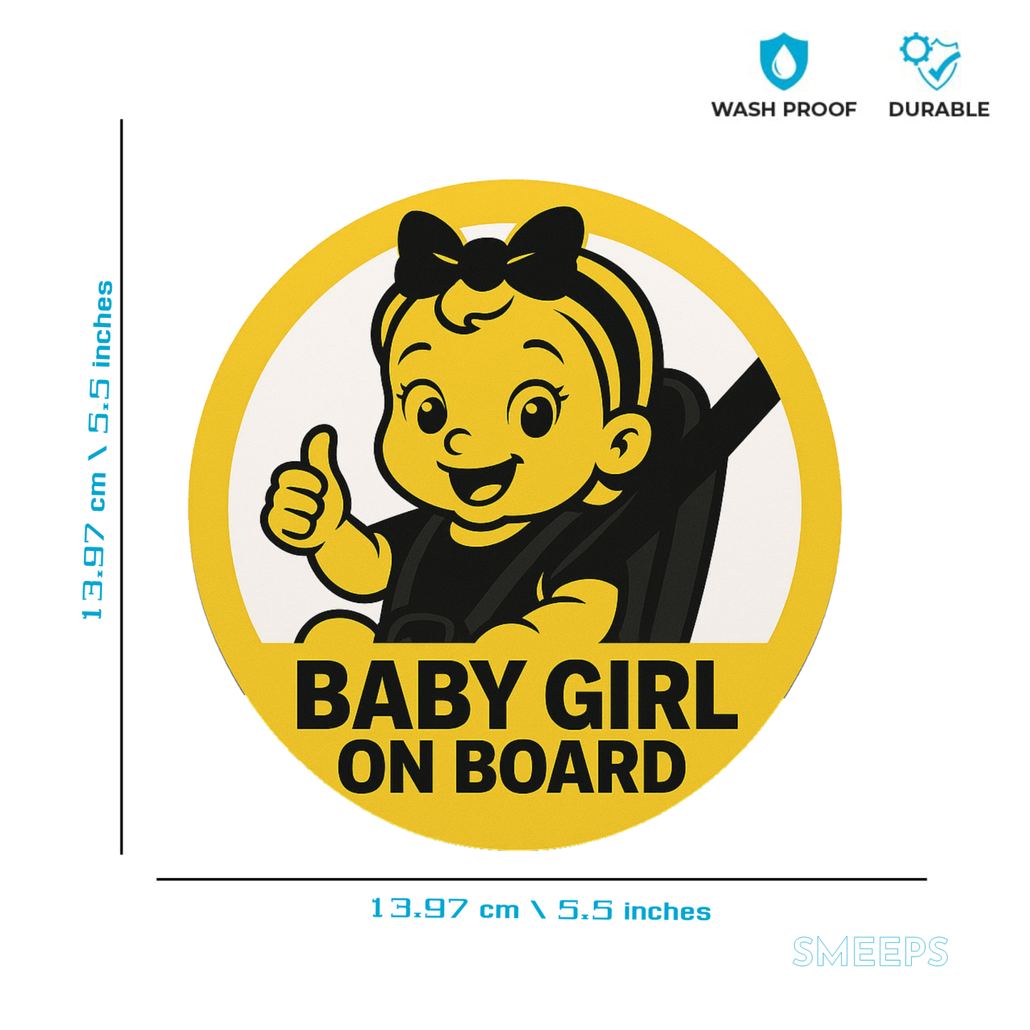 Smeeps “Baby Girl On Board” Car Sticker – 13.97 x 13.97 cm | Round Cute Safety Sign with Thumbs-Up Cartoon