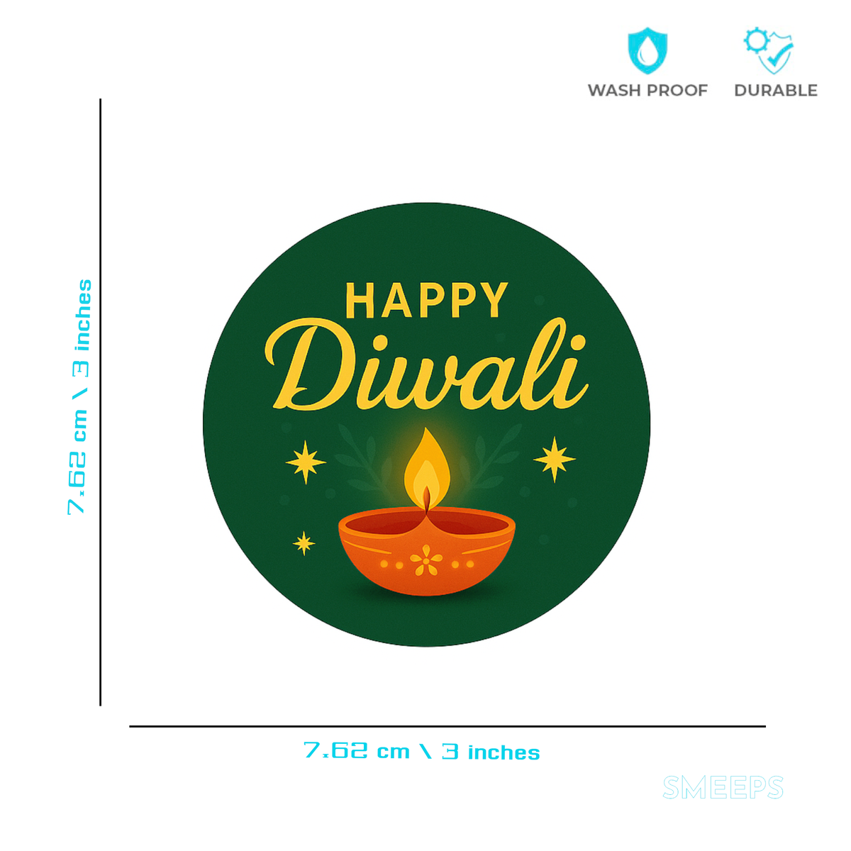 Smeeps Happy Diwali Sticker – 7.62 cm Festival Diya Decal | Round Deepavali Decoration Sticker | Waterproof & Durable Vinyl