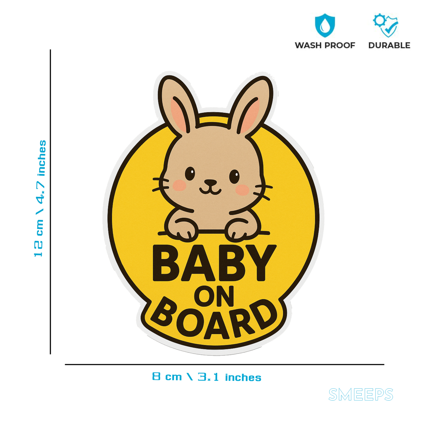Smeeps “Baby On Board” Car Sticker – Cute Bunny Design – 13.97 x 13.97 cm | Animal Warning Sign for Cars