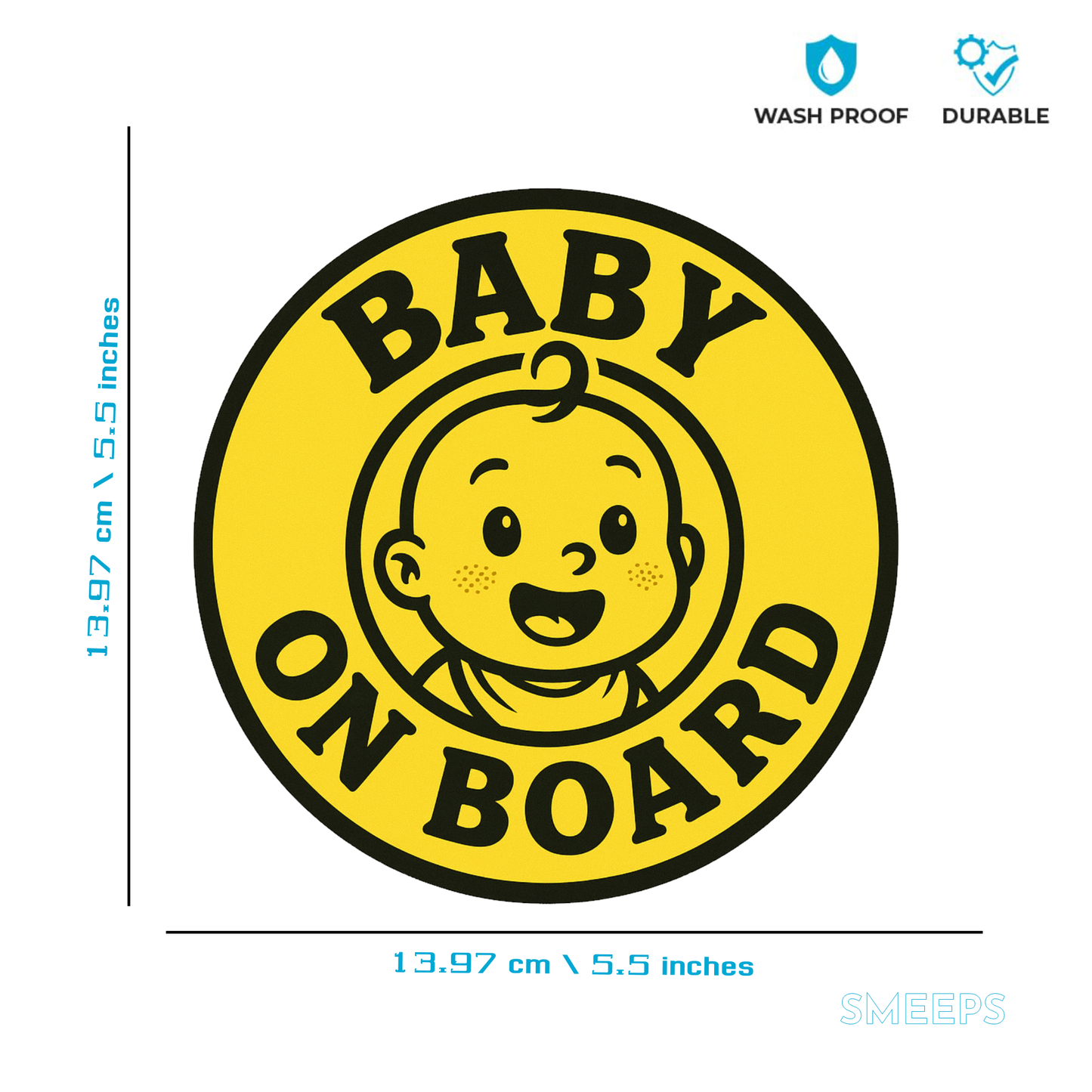 Smeeps Baby On Board Sticker – 13.97 x 13.97 cm Round | Smiling Baby Face in Bold Yellow | Waterproof Vinyl Car Safety Sign