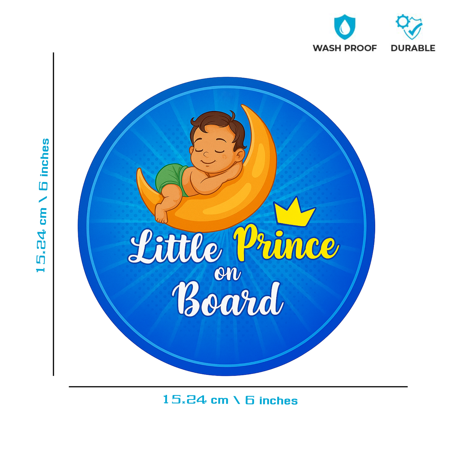 Smeeps Little Prince On Board Sticker – 15.24 cm Round | Cute Sleeping Baby Boy on Moon Design | Blue Waterproof Car Safety Sign