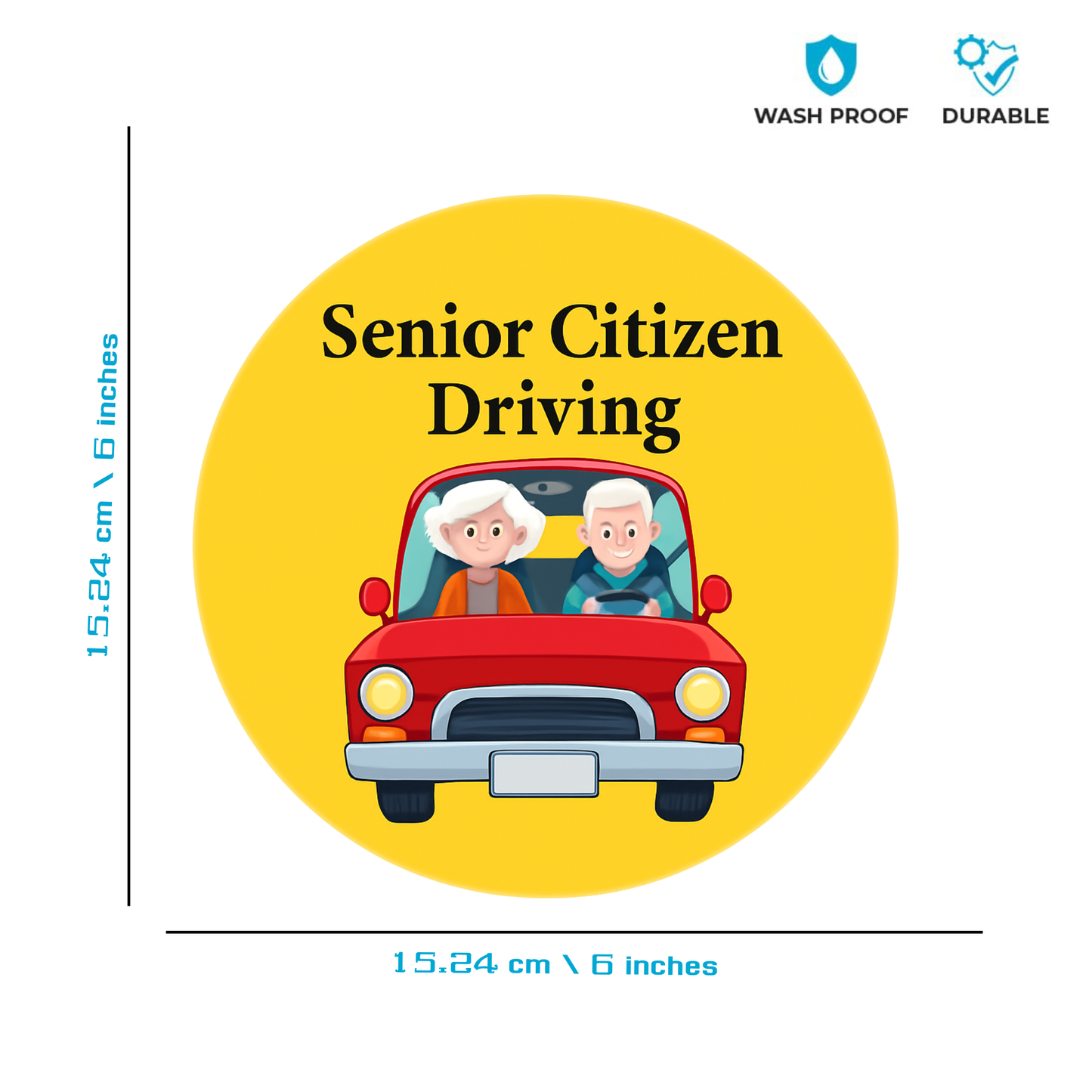 Smeeps Senior Citizen Driving Sticker – 15.24 cm Round | Friendly Elderly Couple Design | Yellow & Red High-Visibility Car Sign