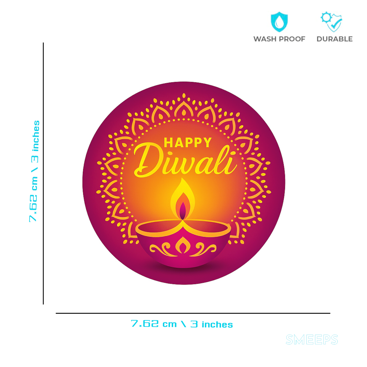 Smeeps Happy Diwali Sticker – 7.62 x 7.62 cm Mandala & Single Diya Design | Festive Deepavali Décor Decal | Waterproof & UV-Resistant Vinyl