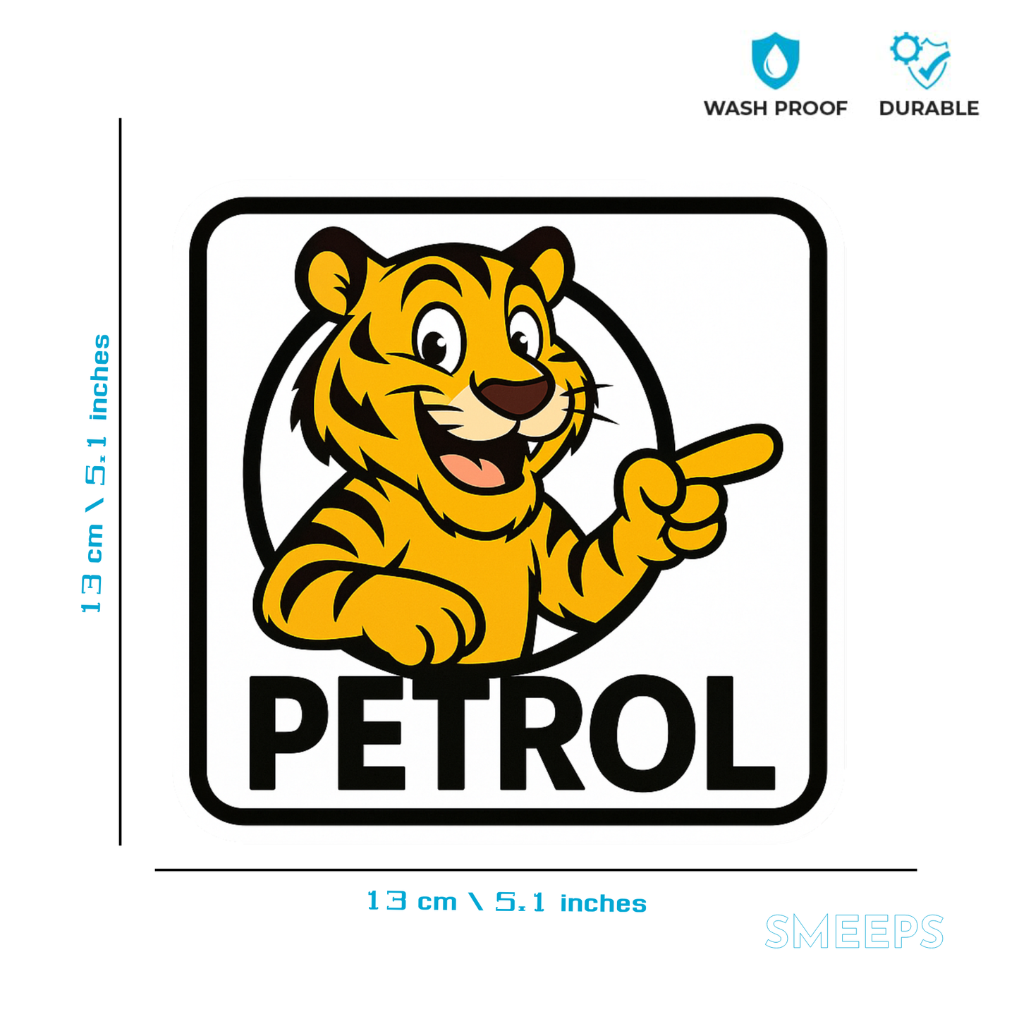 Cartoon Tiger Petrol Sticker – 13 x 13 cm | Fun & Bold Petrol Fuel Indicator Decal | Waterproof Vinyl for Cars