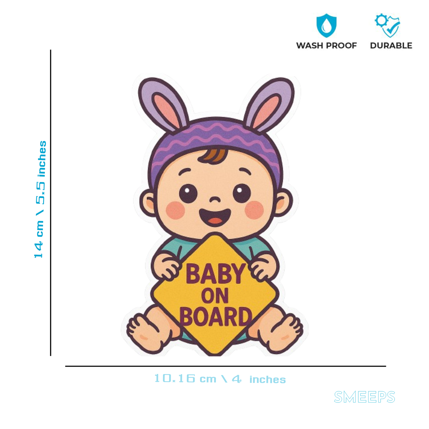 Smeeps Baby On Board Car Sticker – Bunny Hat Cartoon Design | 14 x 10.16 cm | For Car