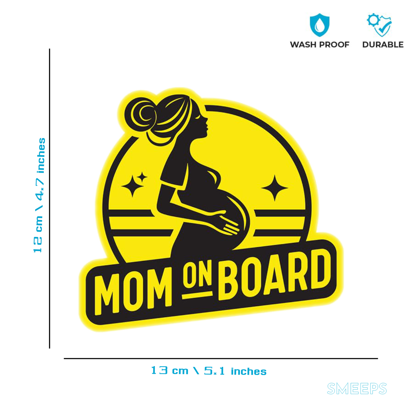 Mom On Board Sticker – 13 x 12 cm Bold Silhouette Design | Bright Yellow Vinyl Car Safety Decal | Waterproof & Fade Resistant