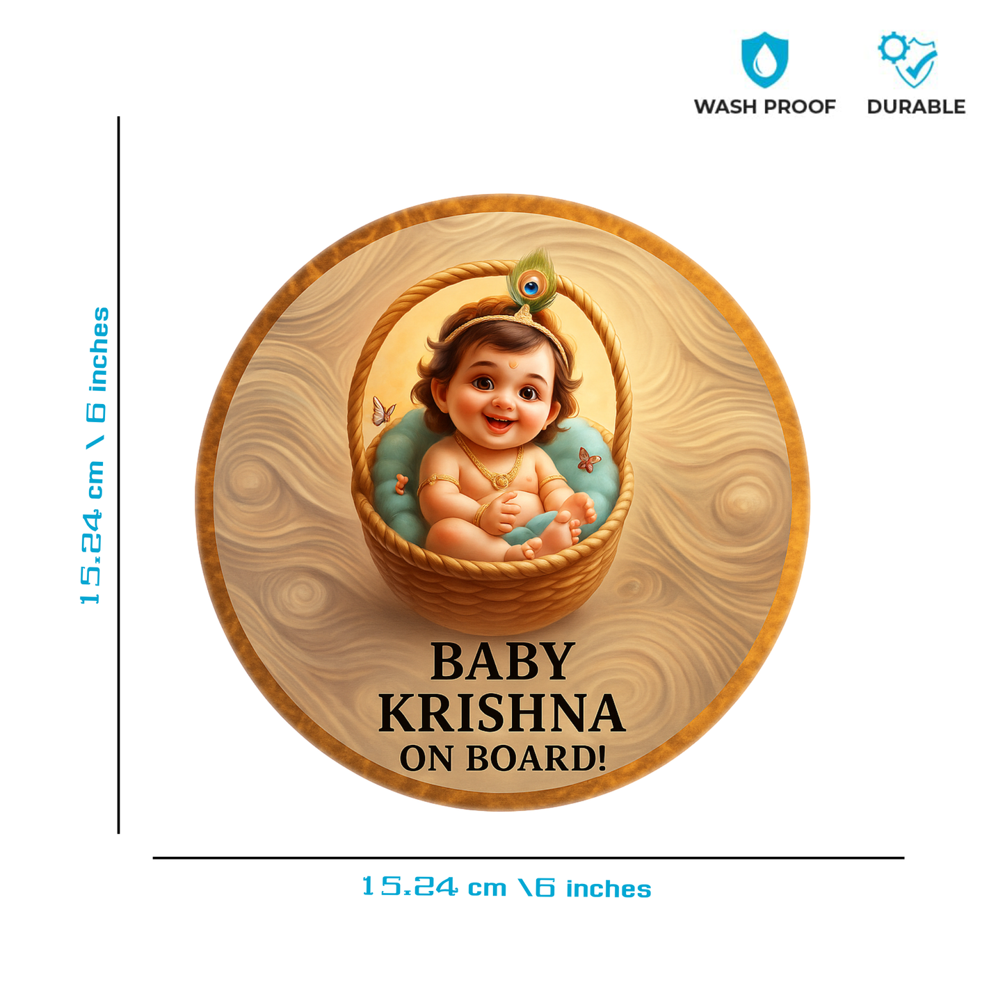 Smeeps Baby Krishna On Board Sticker – 15.24 cm Round | Basket-Themed Divine Krishna Design | Waterproof & UV-Proof Car Safety Sign