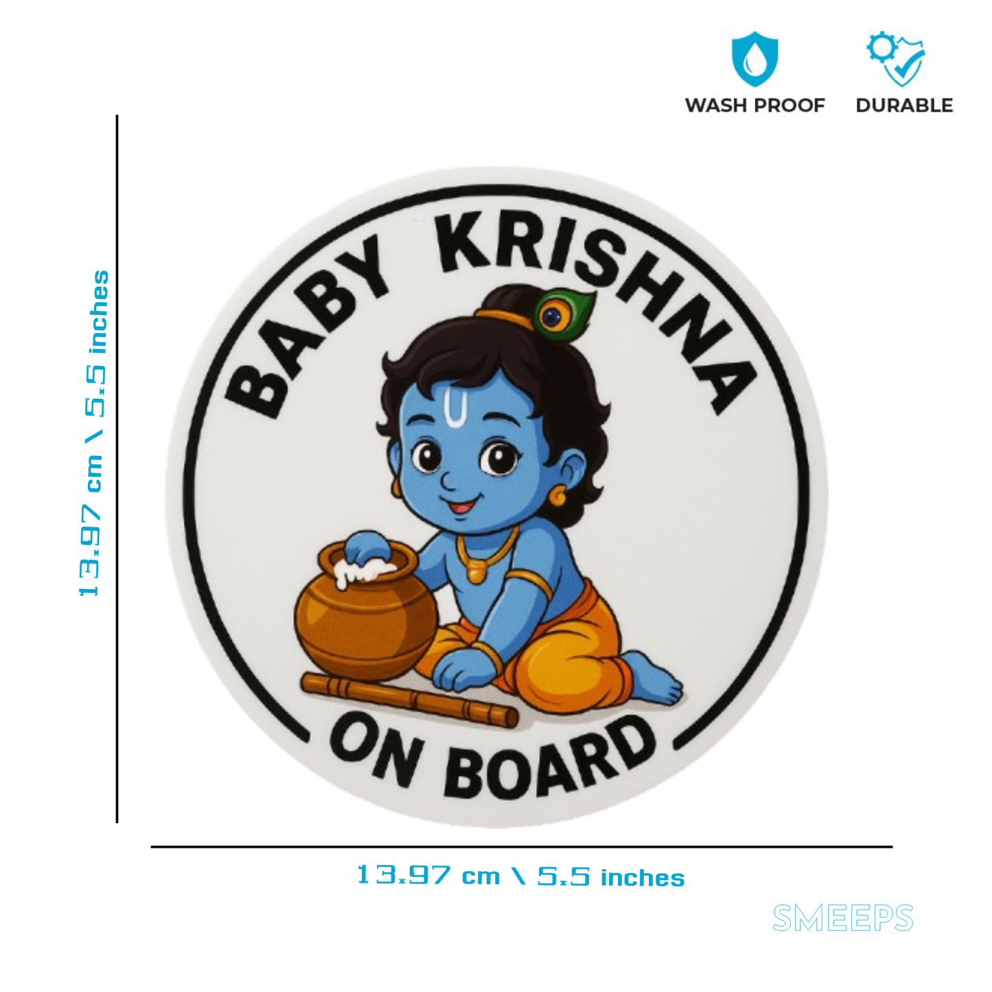 Baby Krishna On Board Sticker – 13.97 x 13.97 cm | Cute Devotional Design for Cars | Waterproof & Durable