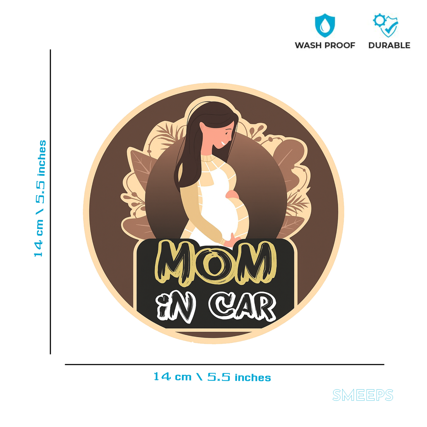 Smeeps Mom in Car Sticker – 14 x 14 cm | Elegant Pregnant Mom Design | Earth Tone Theme for Car Windows