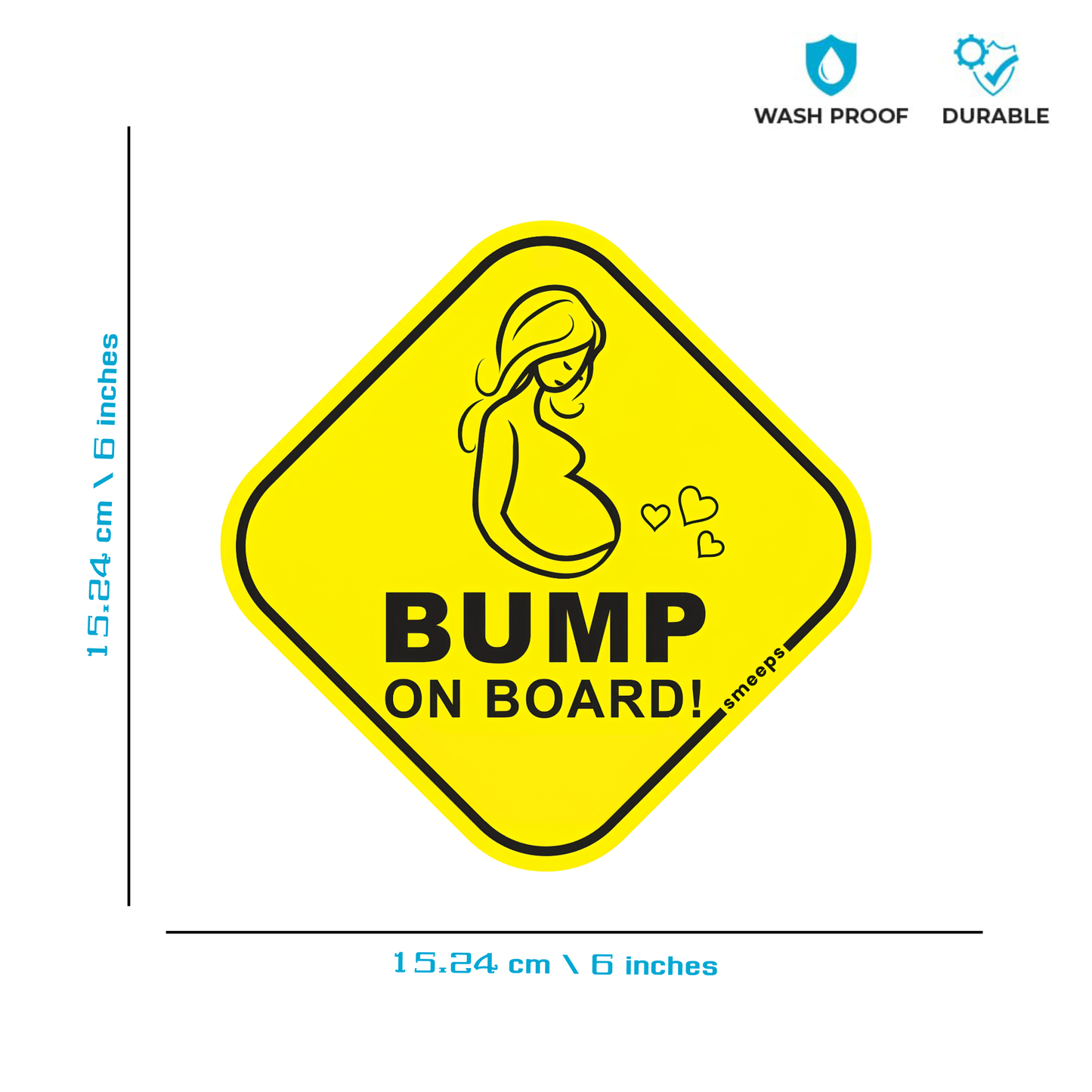 Pack of 2 | Smeeps Bump On Board Car Sticker – 15.24 cm Diamond-Shaped Maternity Safety Sign | Yellow & Black Vinyl Decal for Pregnant Moms