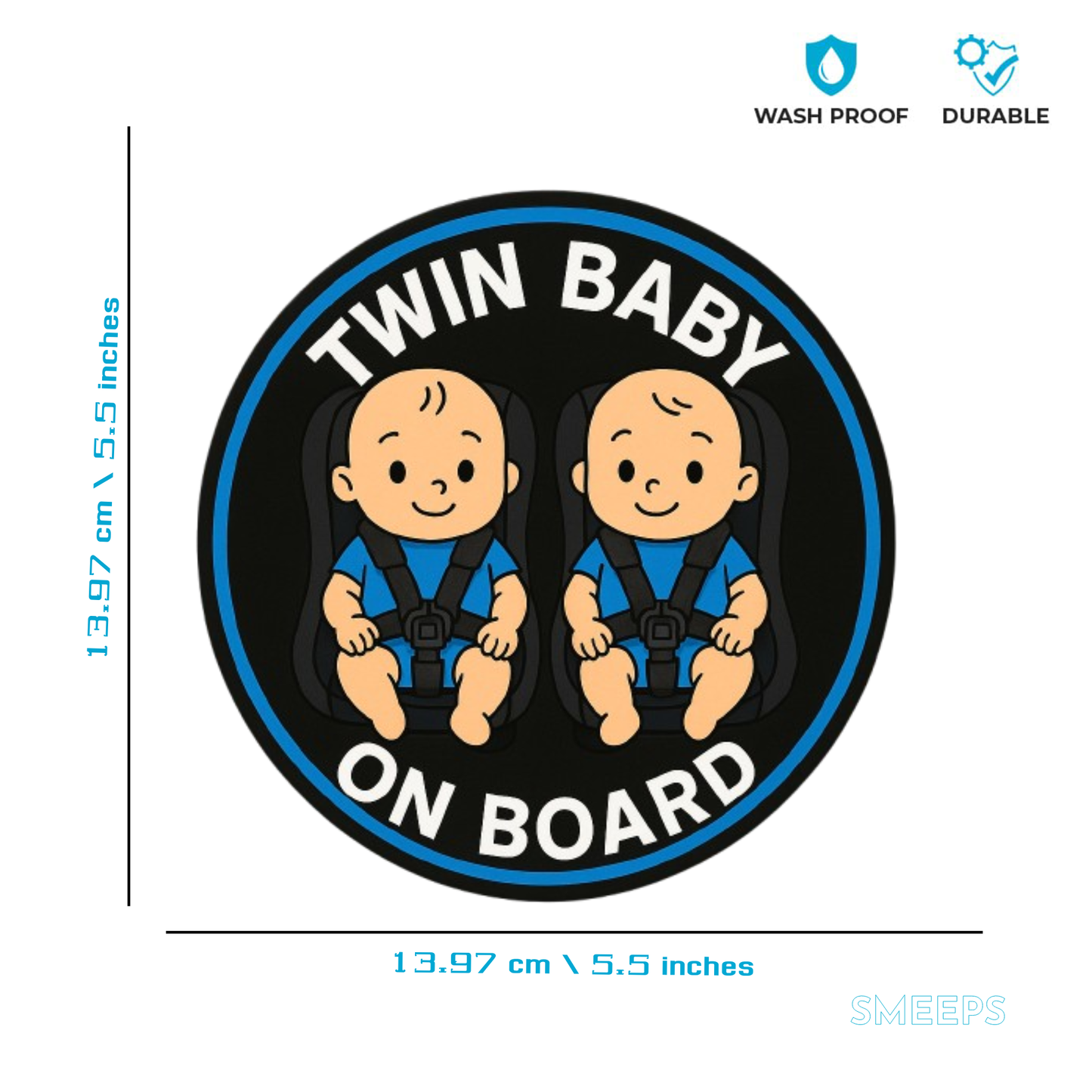 Smeeps Twin Baby on Board Sticker – 13.97 x 13.97 cm | Cartoon Boys in Car Seats | Blue and Black Safety Sign