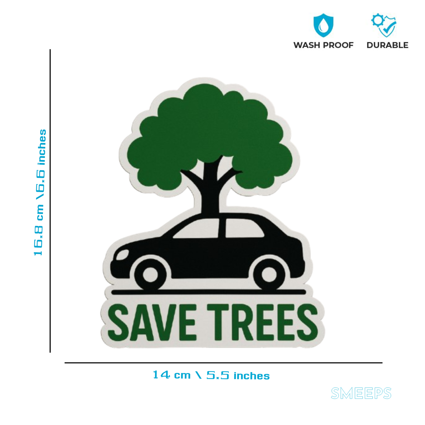 Smeeps Save Trees Cutout Sticker | 16.8 x 14 cm | Unique Tree & Car Shape Vinyl Decal for Car