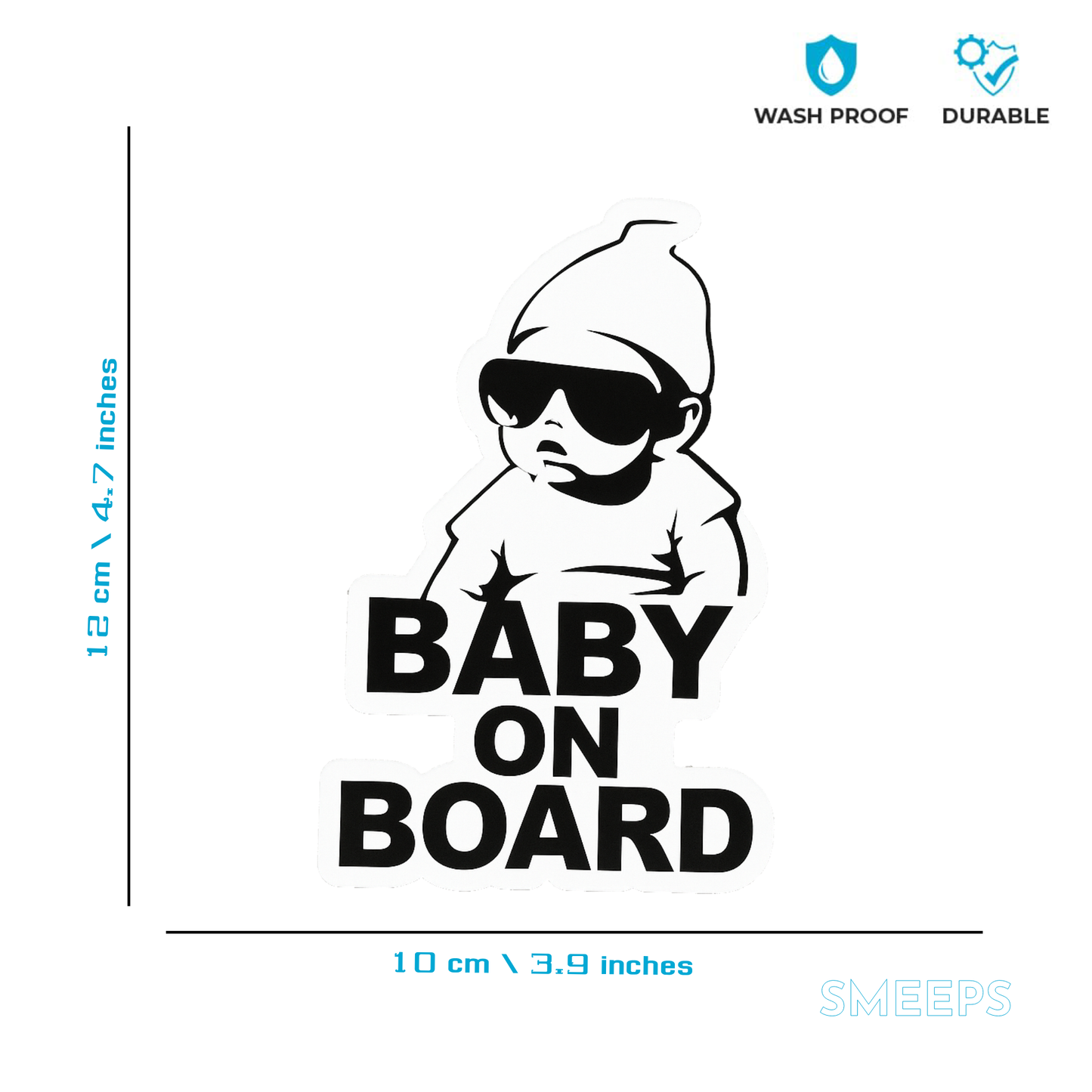 Smeeps “Baby On Board” Stylish Car Sticker – Cool Sunglass Baby Design – 13.97 x 13.97 cm | Waterproof Vinyl for Safety Awareness