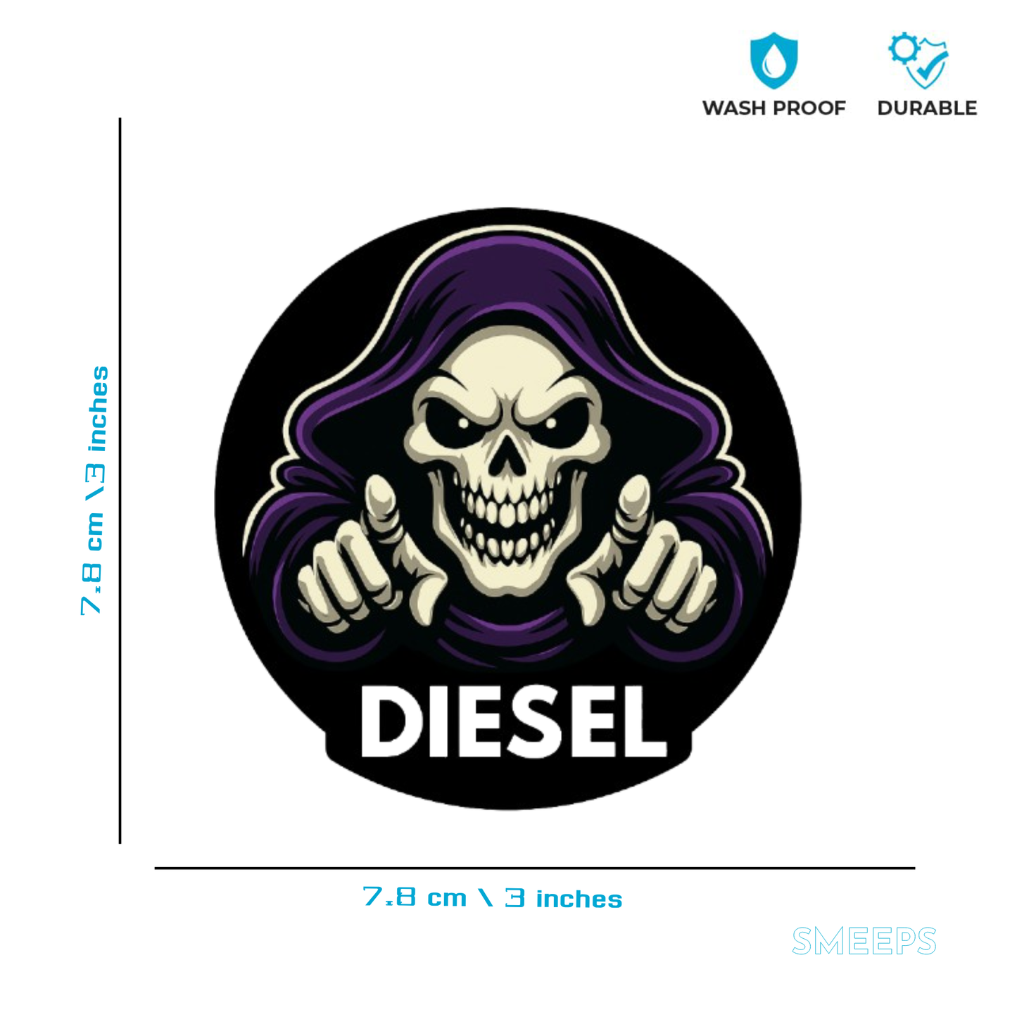 Smeeps Grim Reaper Diesel Sticker – 7.8 x 7.8 cm Bold Skull Hooded Figure Design | Round Waterproof Vinyl Decal for Cars Only