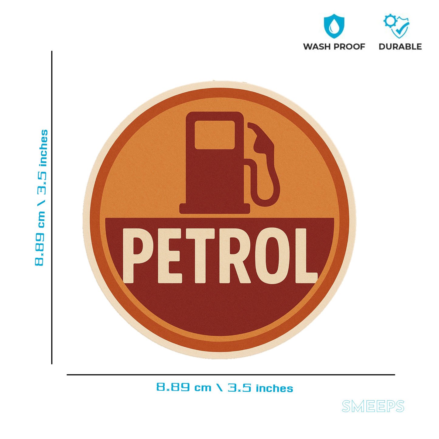 Smeeps Petrol Sticker – 8.89 x 8.89 cm Round Vintage Fuel Pump Icon Design | Bold Petrol Reminder Vinyl Decal | Waterproof & Weatherproof