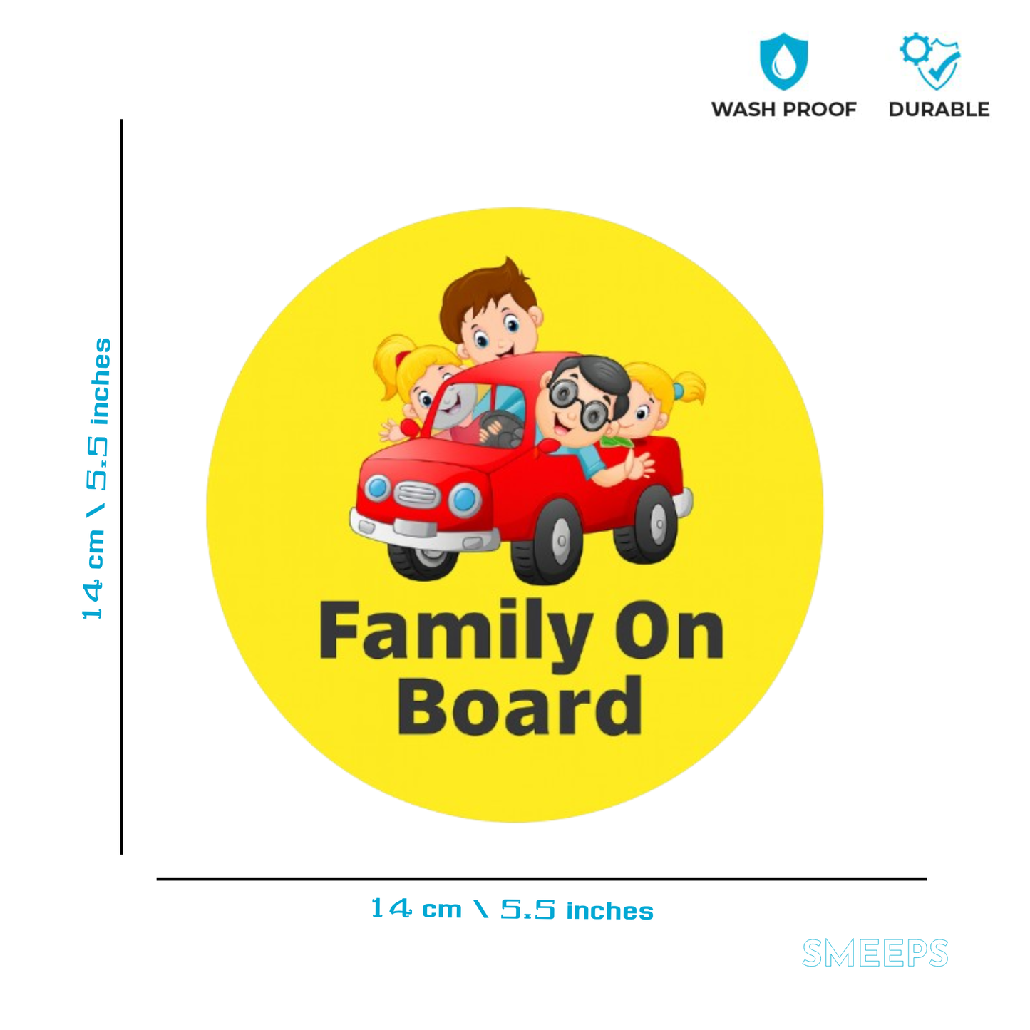 Smeeps Family On Board Sticker – 14 x 14 cm Round Design with Cartoon Car & Characters | Bright Yellow Car Safety Sign | Waterproof & Fade Resistant