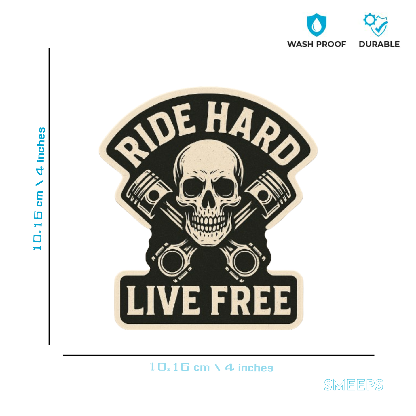 Smeeps Ride Hard Live Free Sticker – 10.16 x 10.16 cm | Skull & Pistons Vinyl Bike Decal (Rugged Beige & Black Theme)